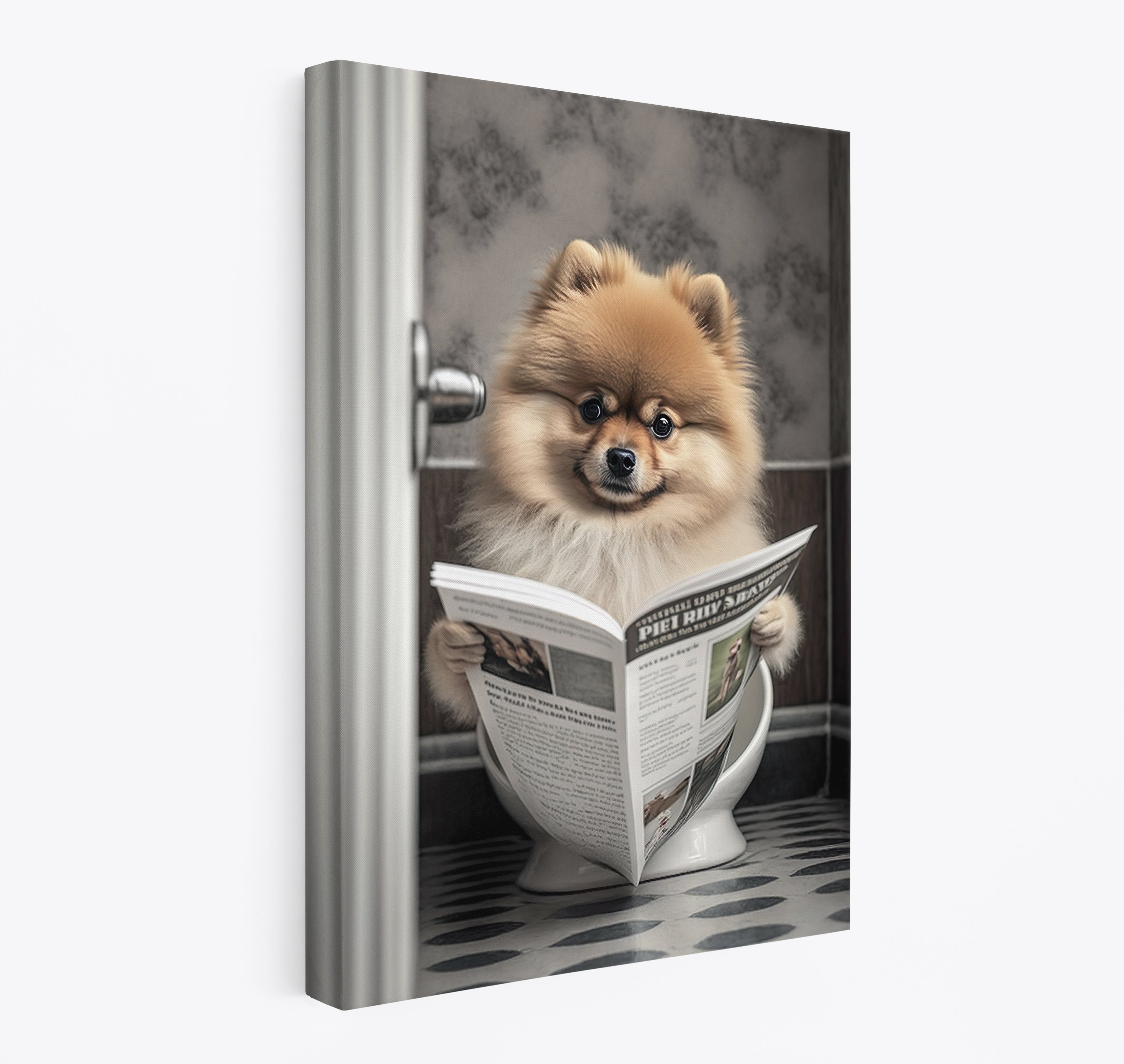Pomeranian Reading Paper On Toilet Funny Canvas Print Wall Art