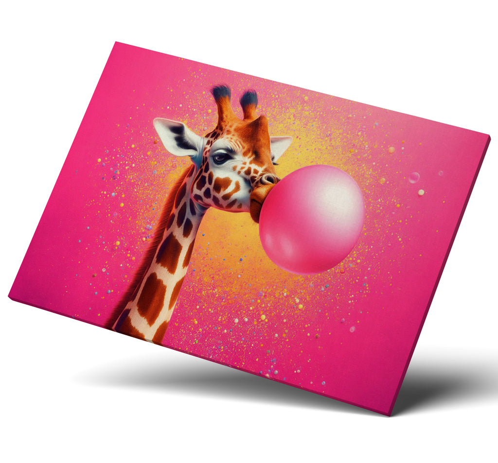 Giraffe Blowing Pink Bubble Gum Canvas Print Wall Art