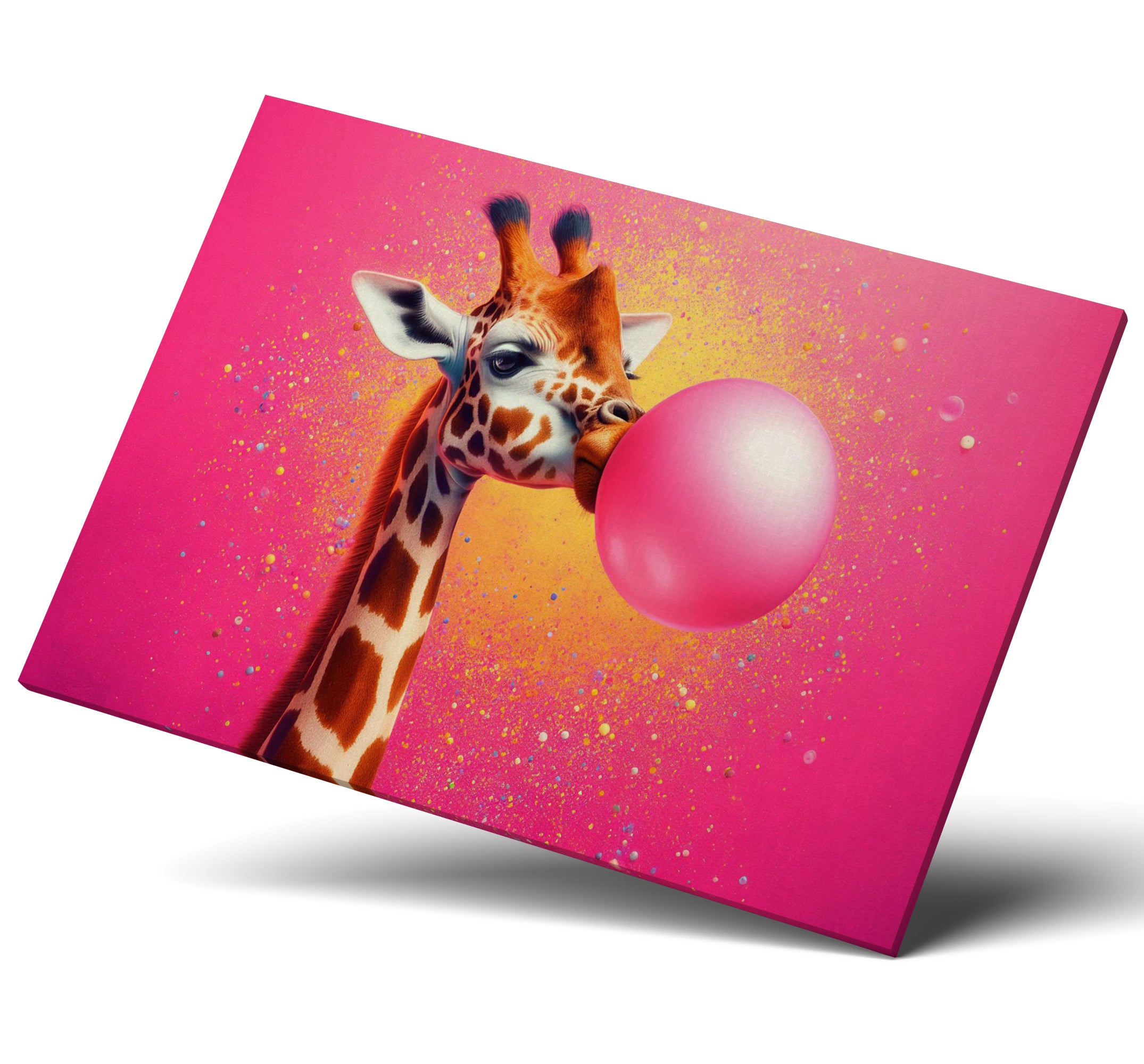 Giraffe Blowing Pink Bubble Gum Canvas Print Wall Art