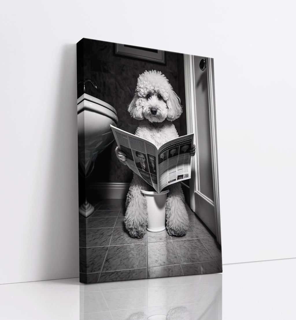 Poodle Dog Reading Newspaper On Toilet Bathroom Wall Art