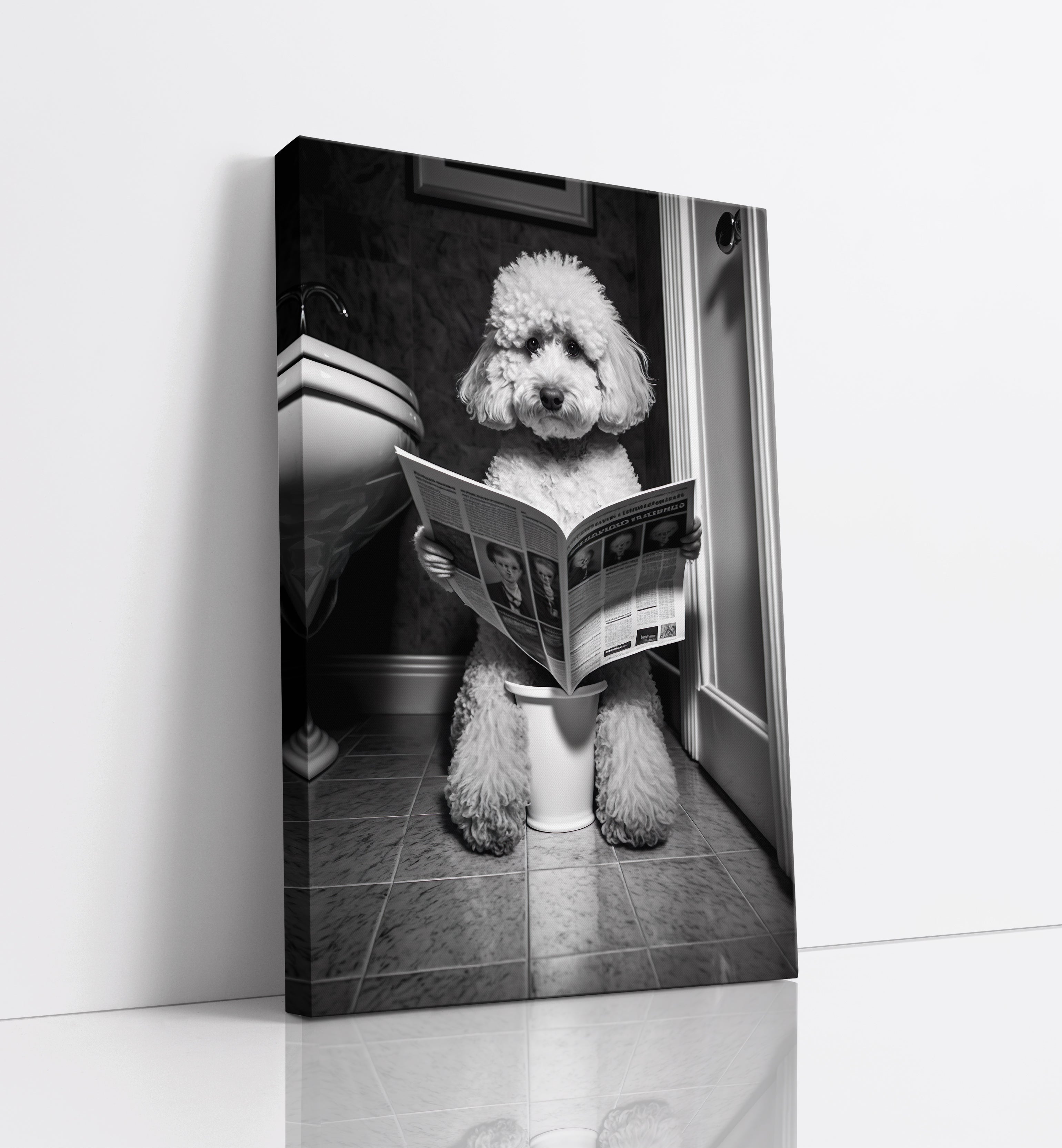 Poodle Dog Reading Newspaper On Toilet Bathroom Wall Art
