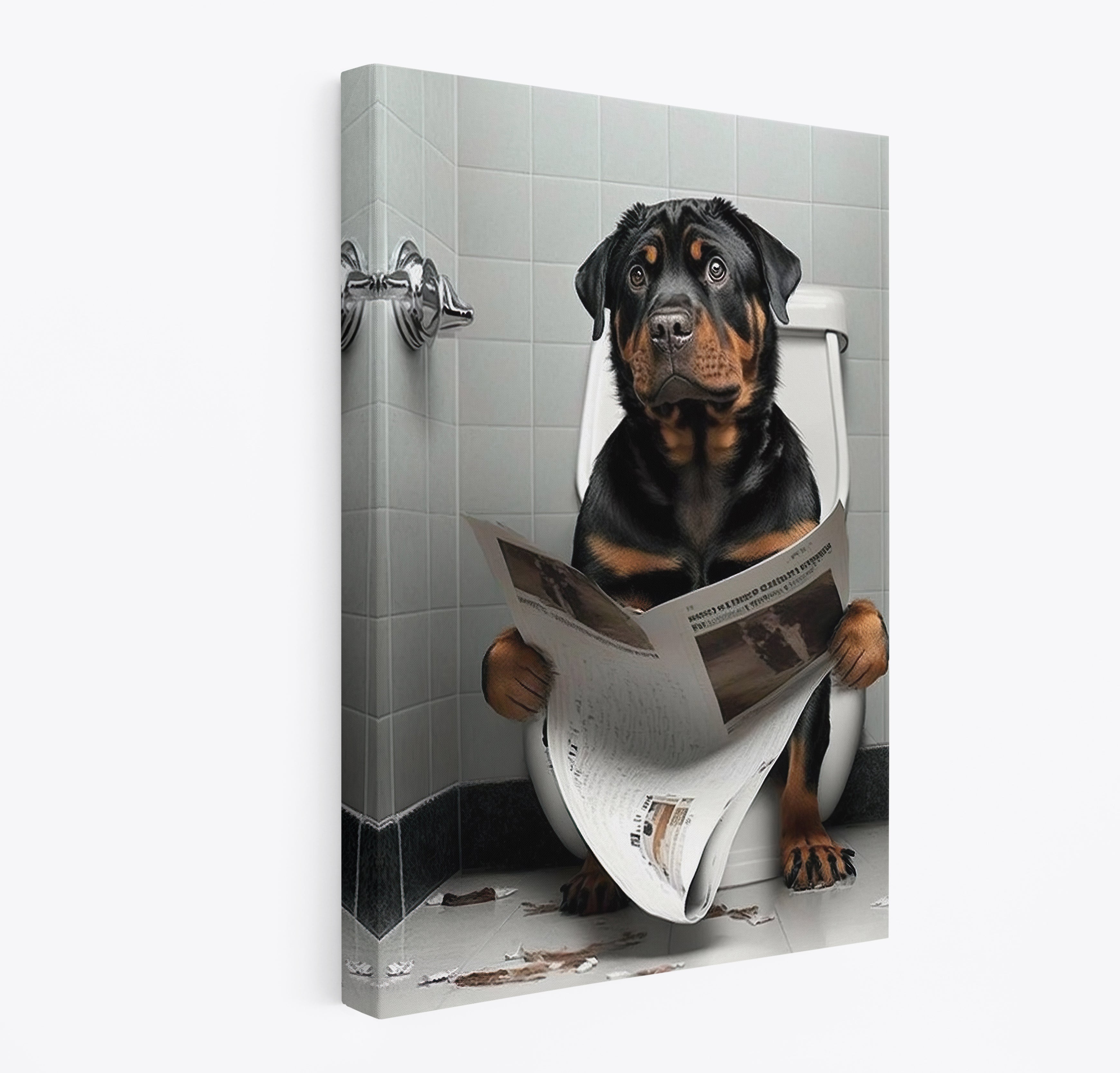 Rottweiler Dog Reading Paper On Toilet Funny Canvas Print Wall Art Décor