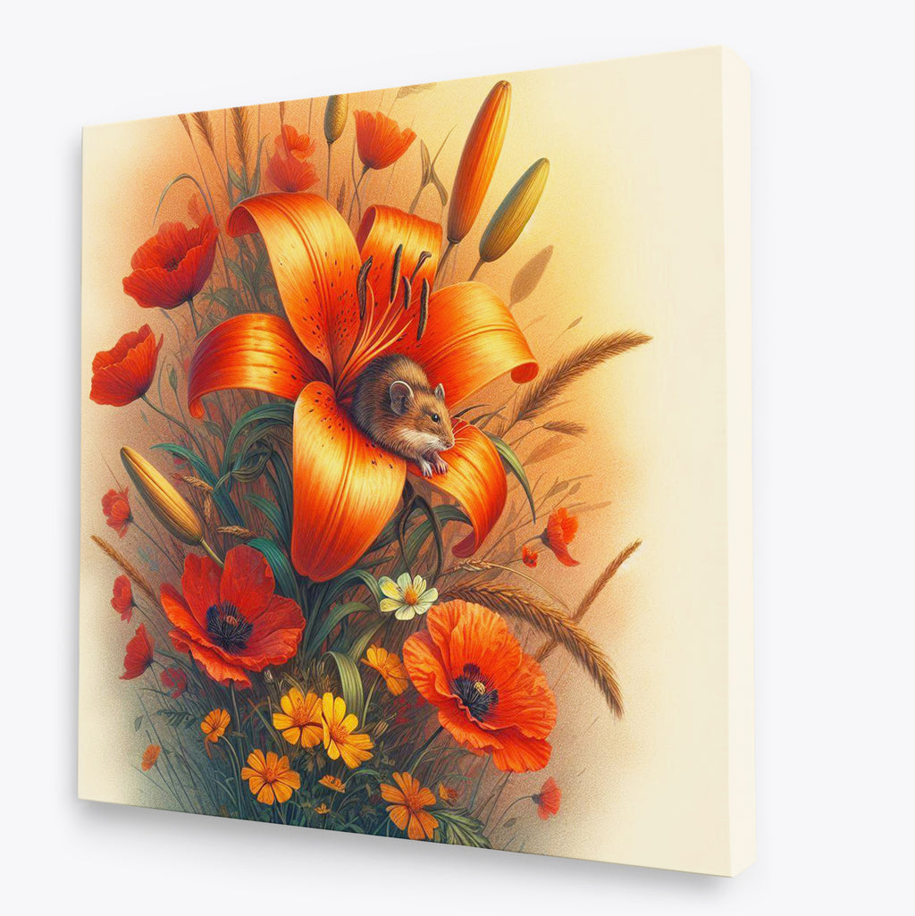 Flowers and Field Mouse Floral Canvas Wall Art Print