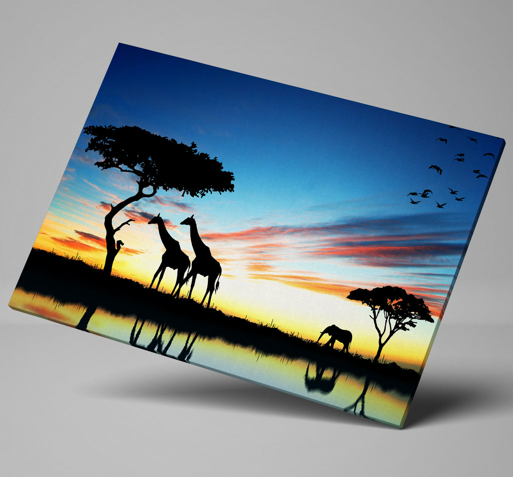 Giraffe Silhouettes African Sunset Landscape Wall Art