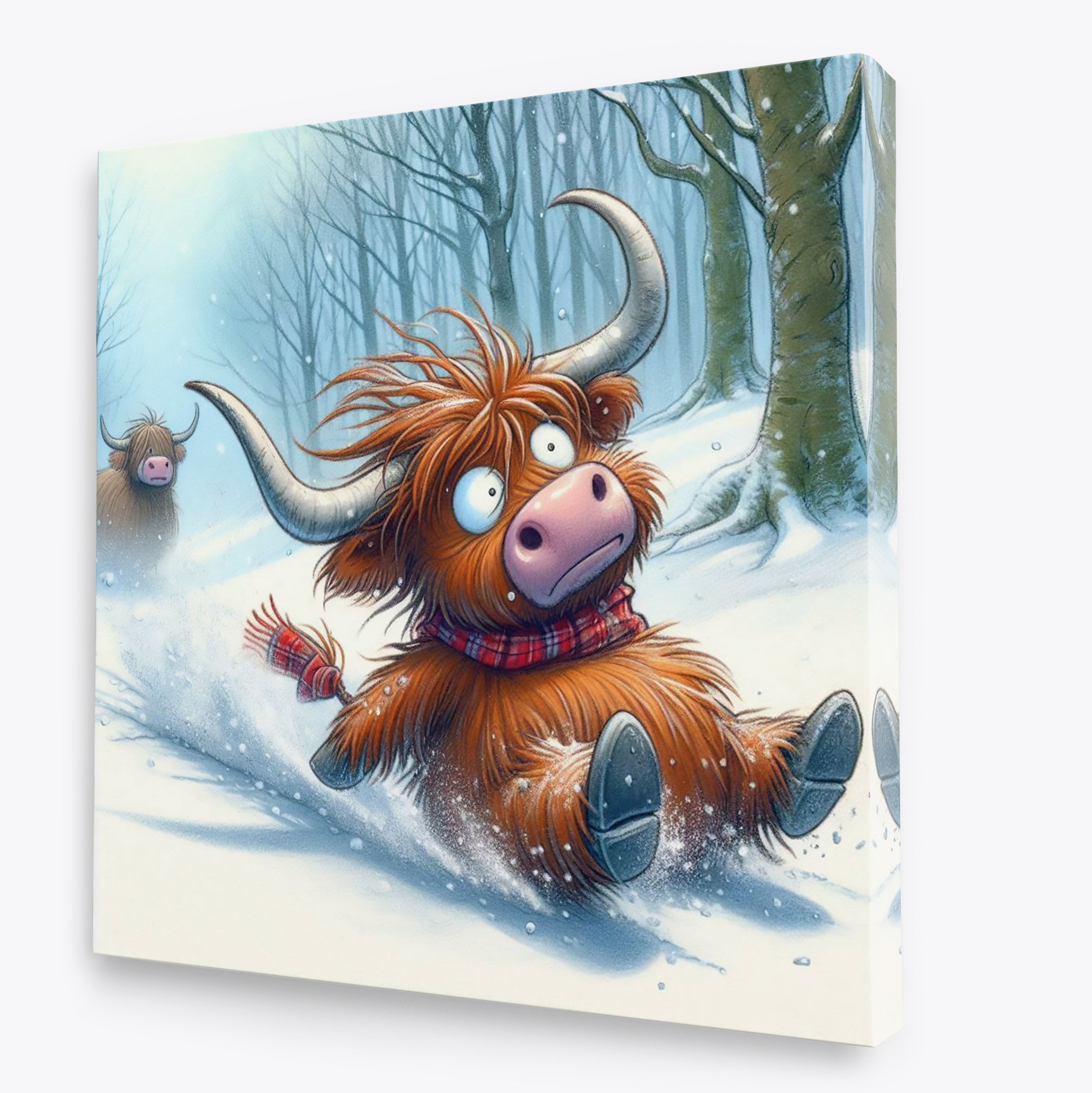 Highland Cow Playing In The Snow Canvas Wall Art Print