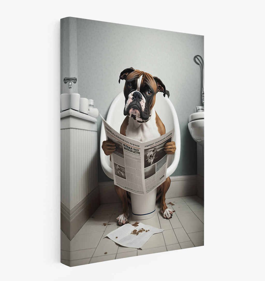 Boxer Dog Reading Paper On Toilet Funny Canvas Print Wall Art Décor Picture