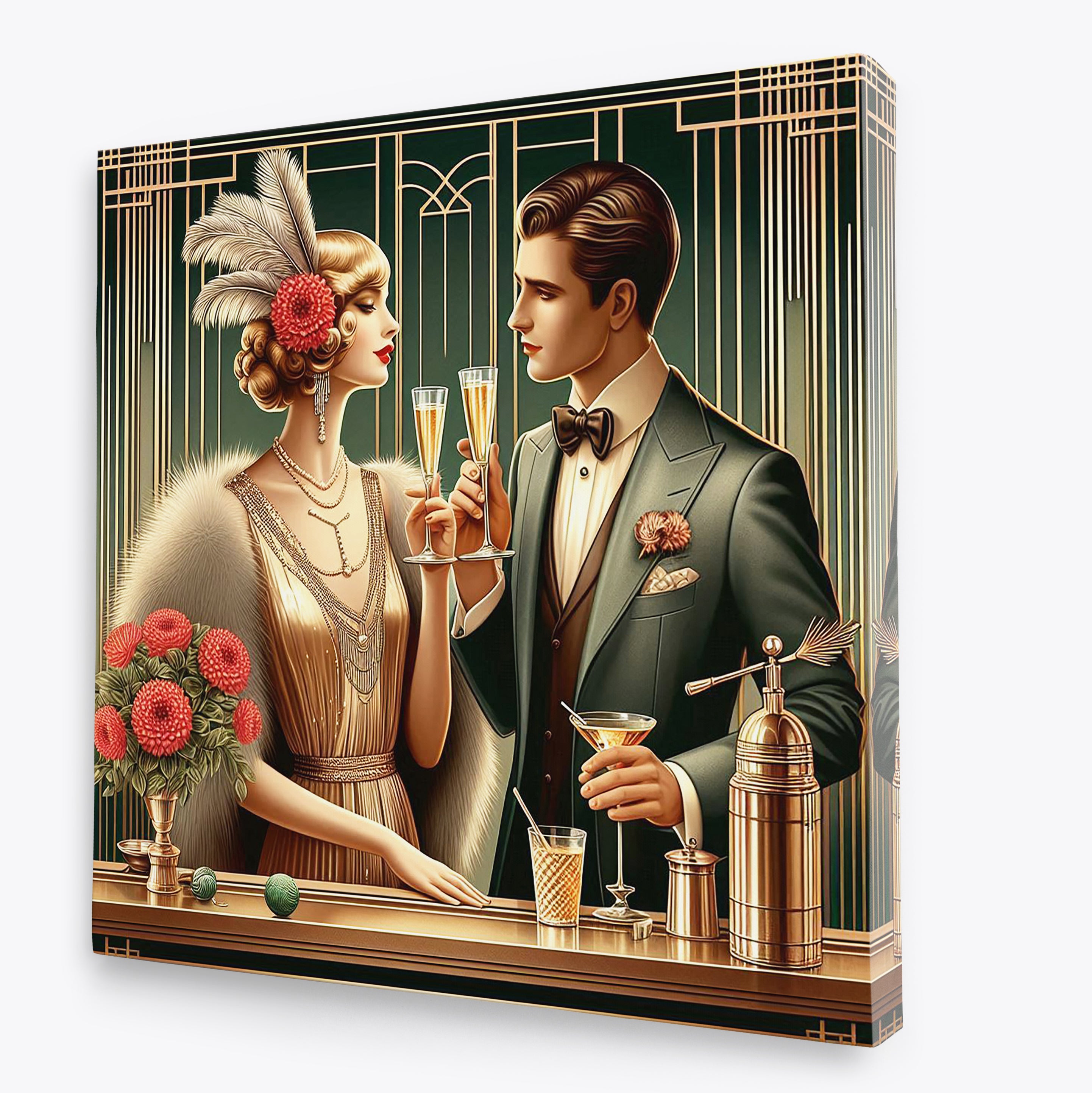 Art Deco Couple Drinking Square Canvas Print Wall Art