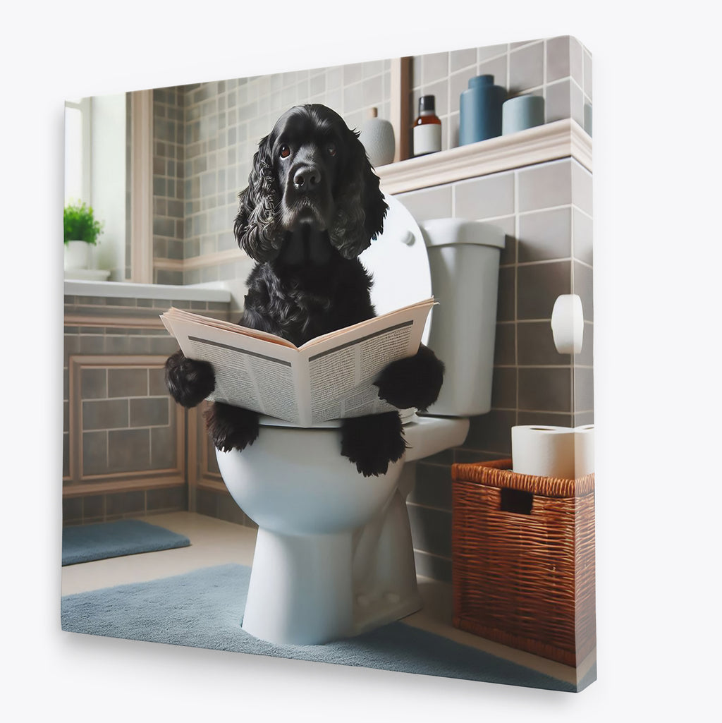 Black Cocker Spaniel Sat On Toilet Reading Paper Wall Art Print