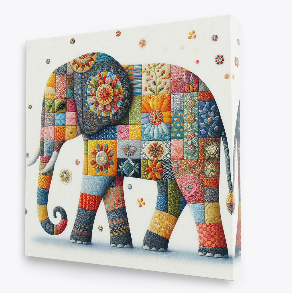Colourful Patchwork Elephant Square Canvas Print Wall Art or Poster Print