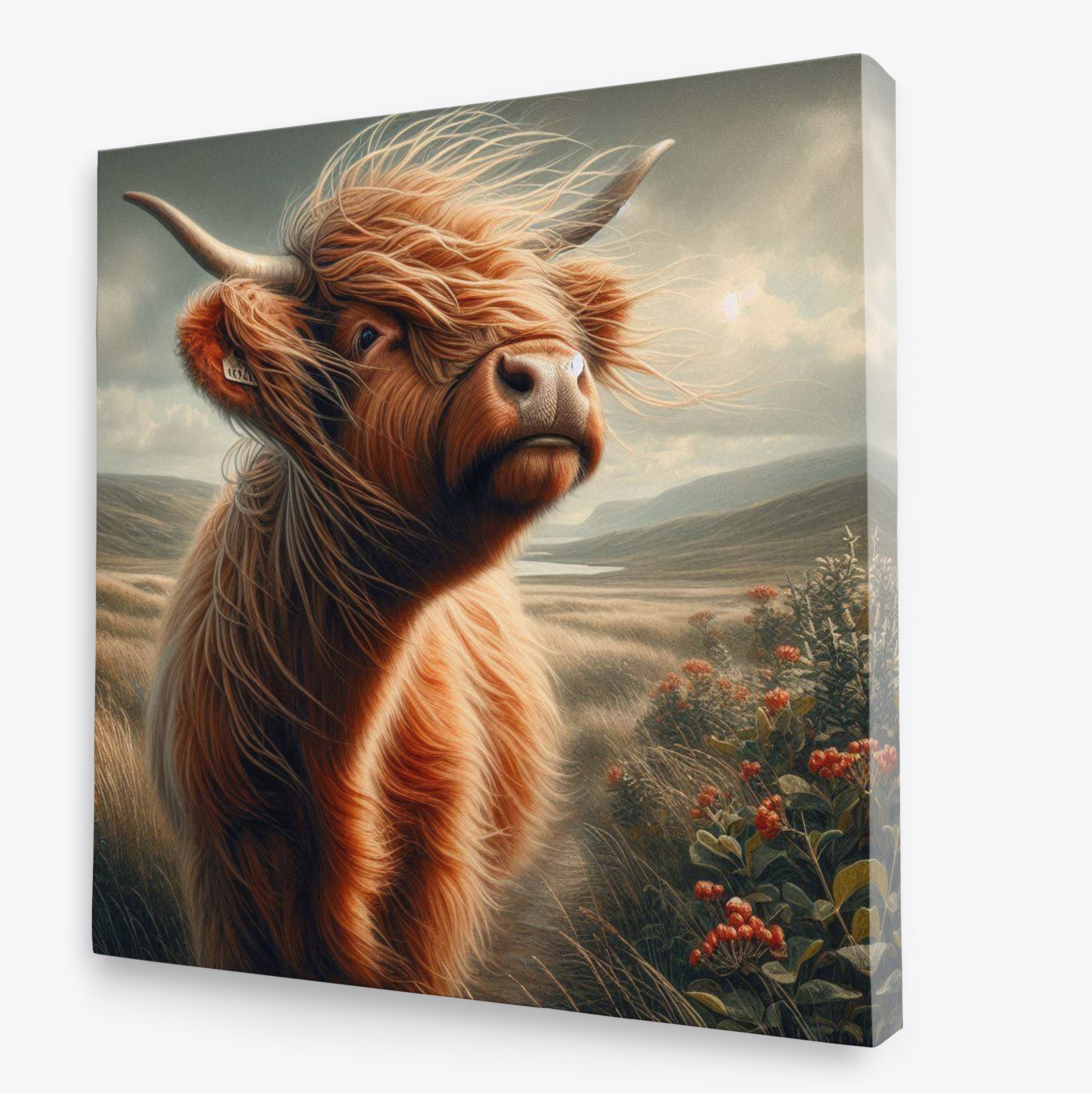 Scottish Highland Cow Scenic Square Canvas Print Wall Art