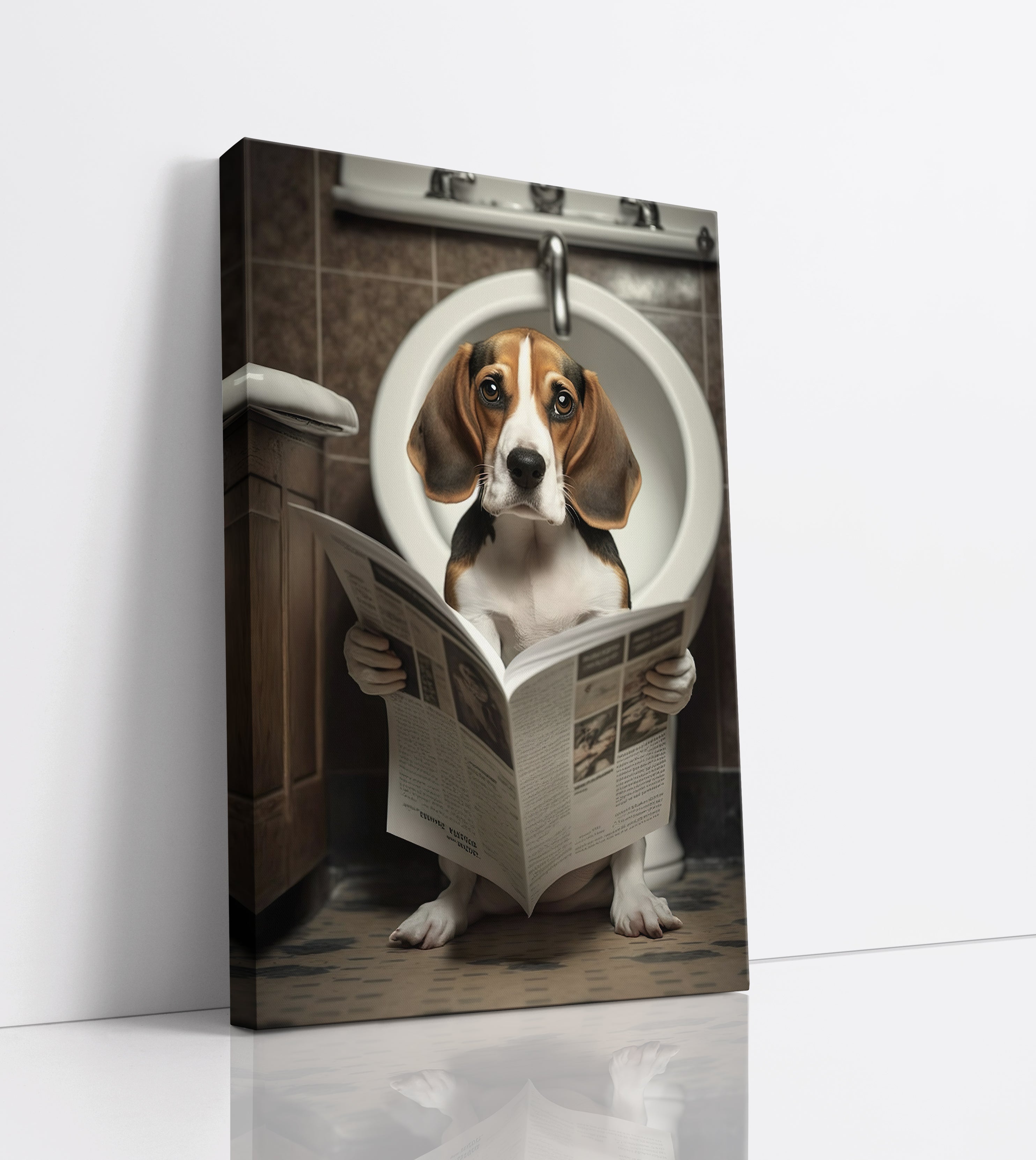 Beagle Dog Reading Paper On Toilet Funny Canvas Print Wall Art Décor Picture