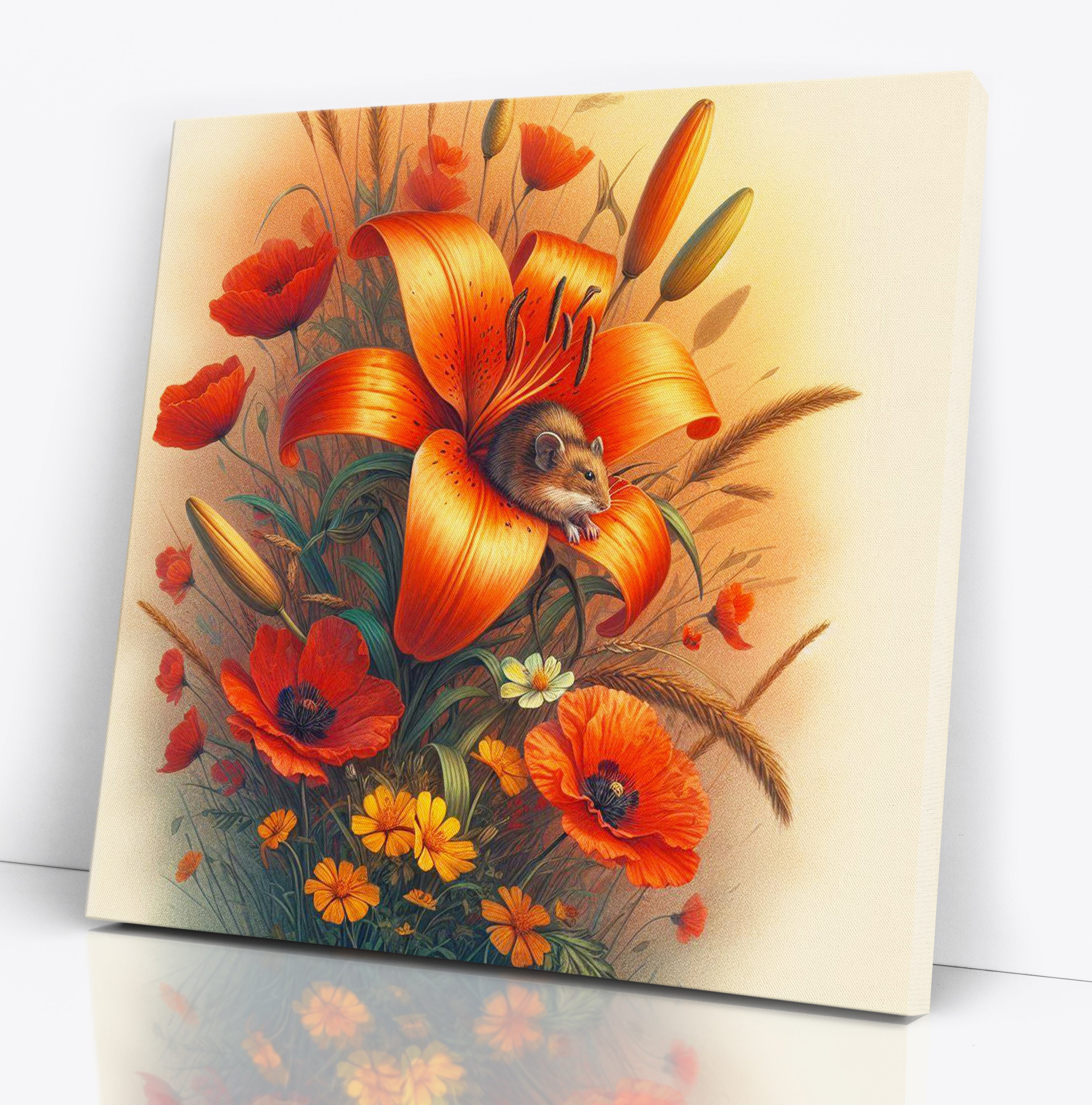 Flowers and Field Mouse Floral Canvas Wall Art Print