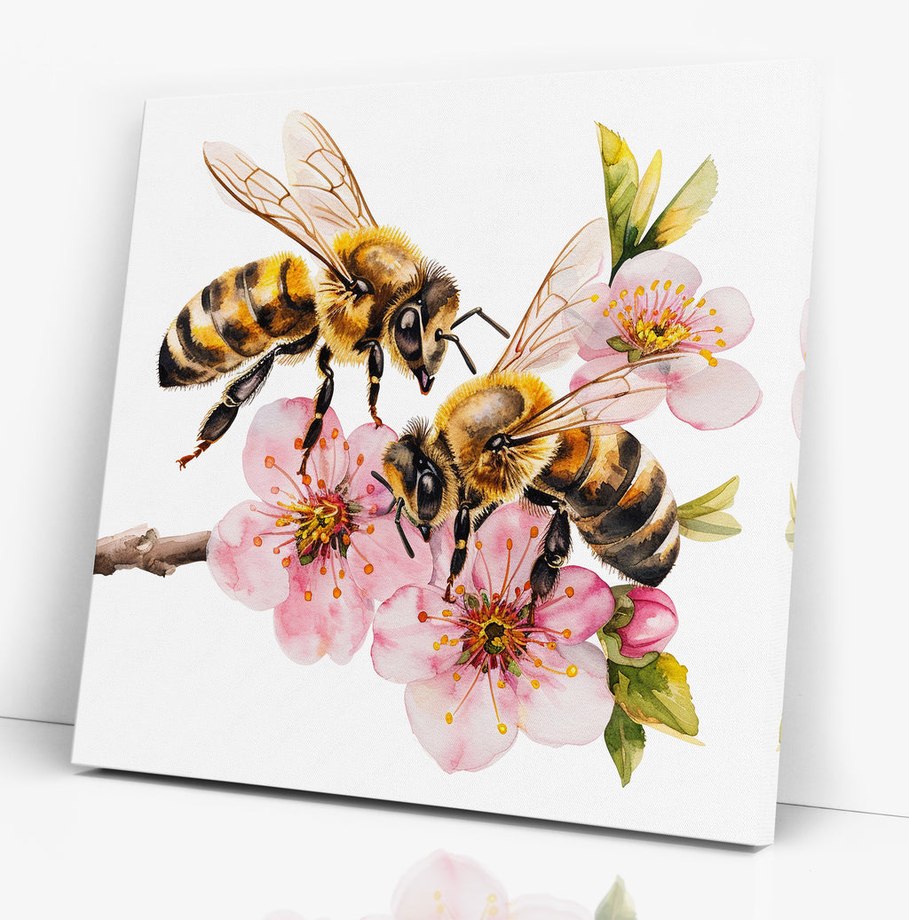 Honey Bees On Cherry Blossom Nature Canvas Wall Art Print