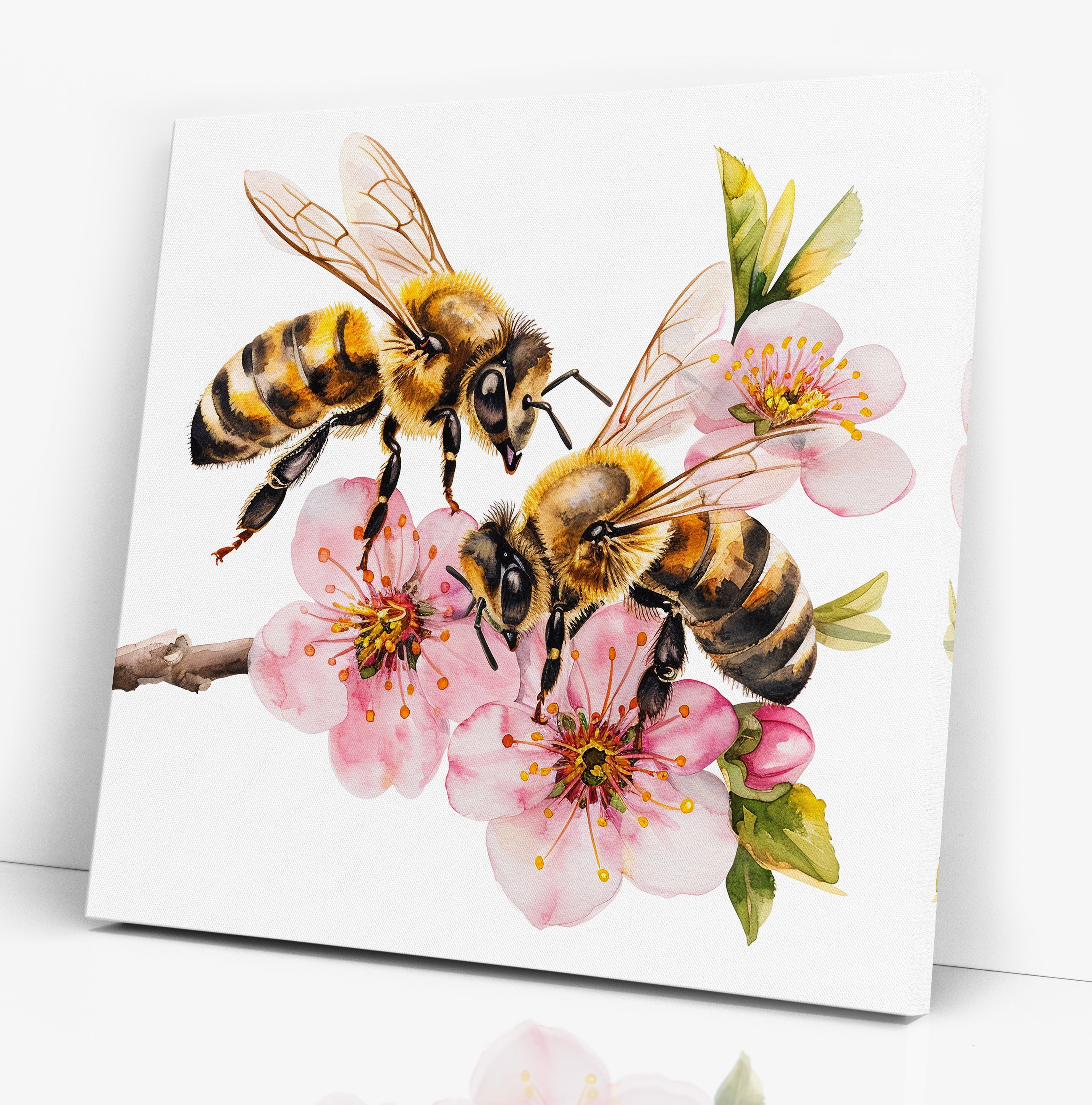 Honey Bees On Cherry Blossom Nature Canvas Wall Art Print