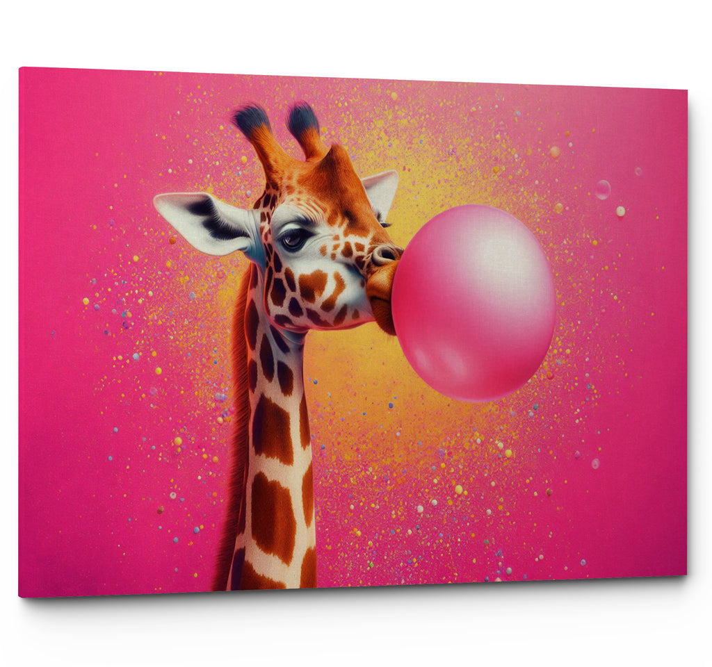 Giraffe Blowing Pink Bubble Gum Canvas Print Wall Art