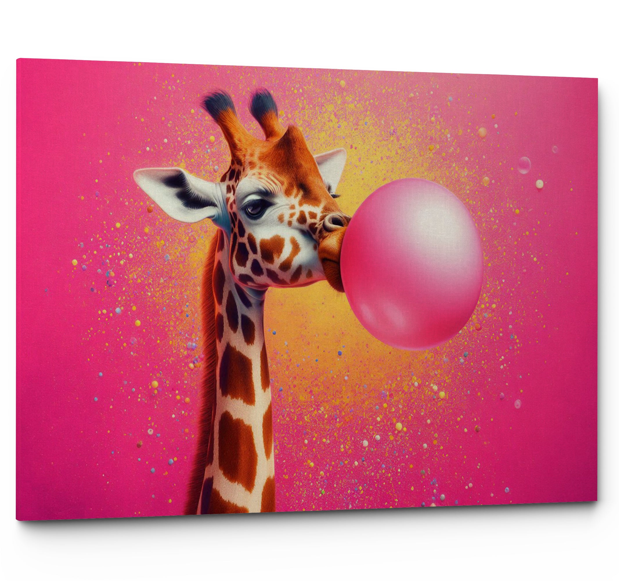 Giraffe Blowing Pink Bubble Gum Canvas Print Wall Art