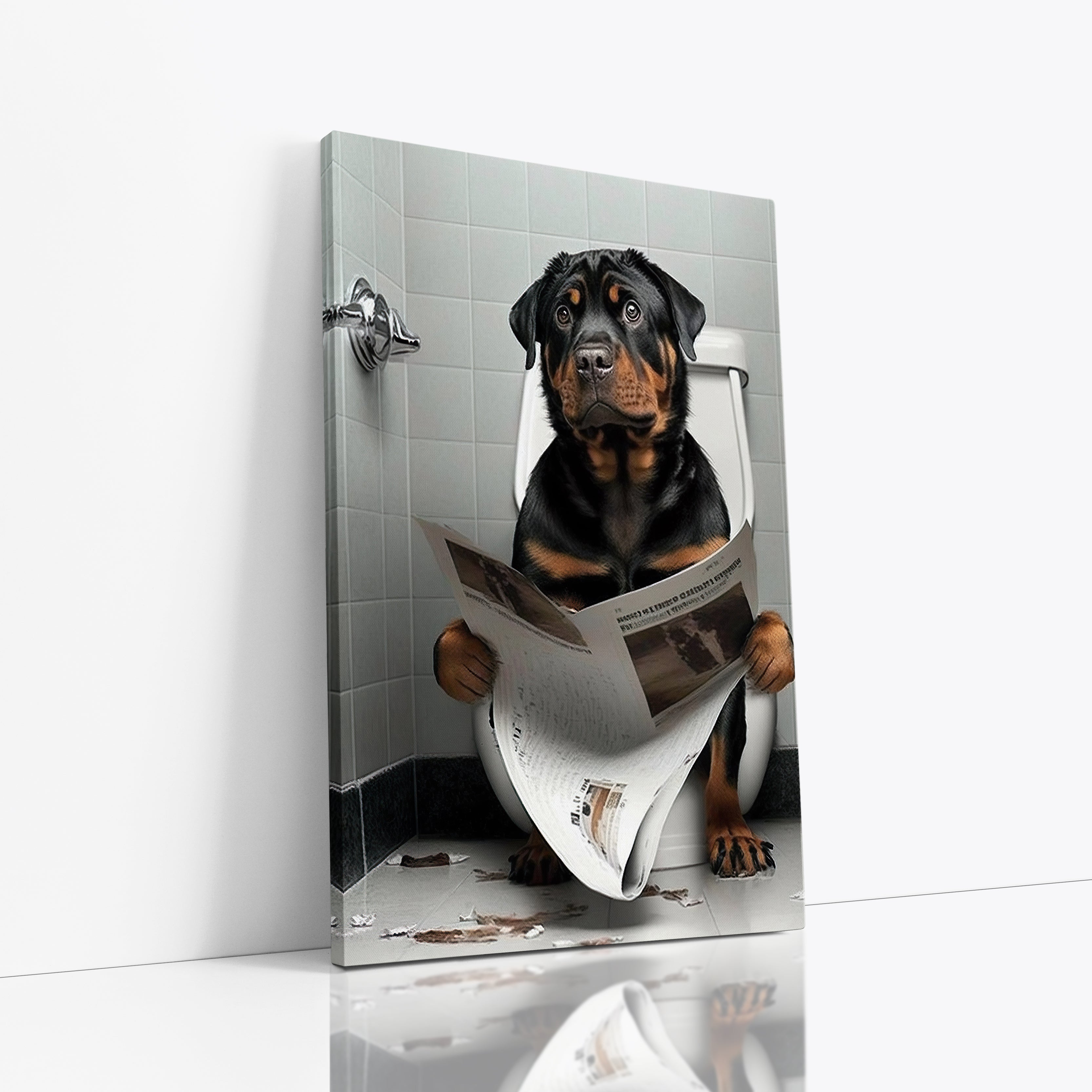 Rottweiler Dog Reading Paper On Toilet Funny Canvas Print Wall Art Décor