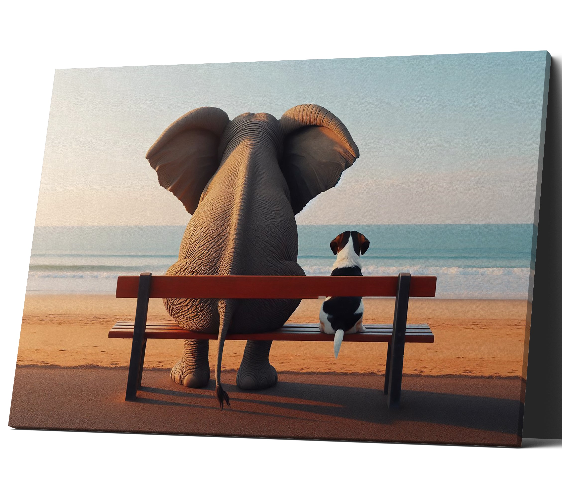 Elephant and Dog Sat At The Beach Canvas Print Wall Art