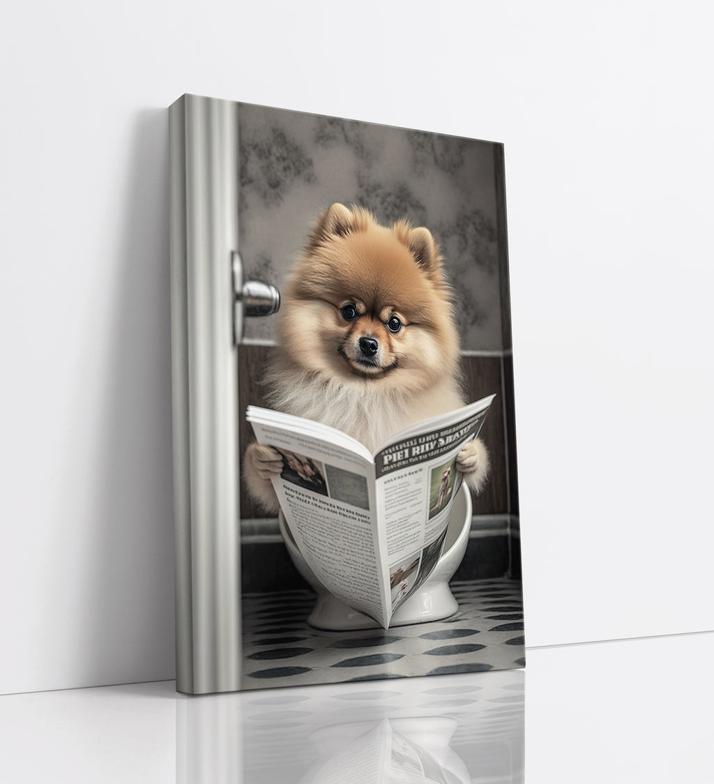 Pomeranian Reading Paper On Toilet Funny Canvas Print Wall Art