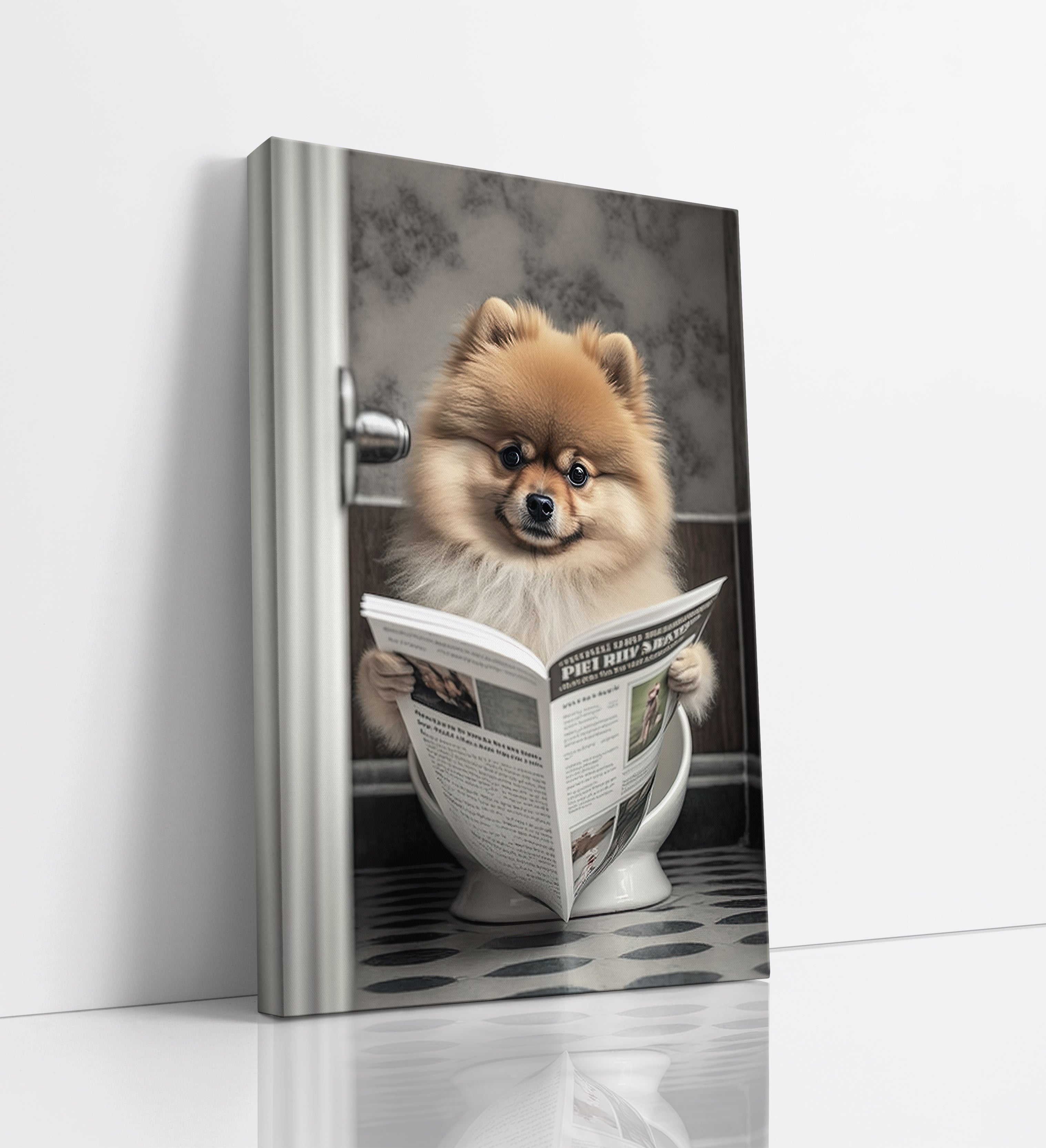 Pomeranian Reading Paper On Toilet Funny Canvas Print Wall Art