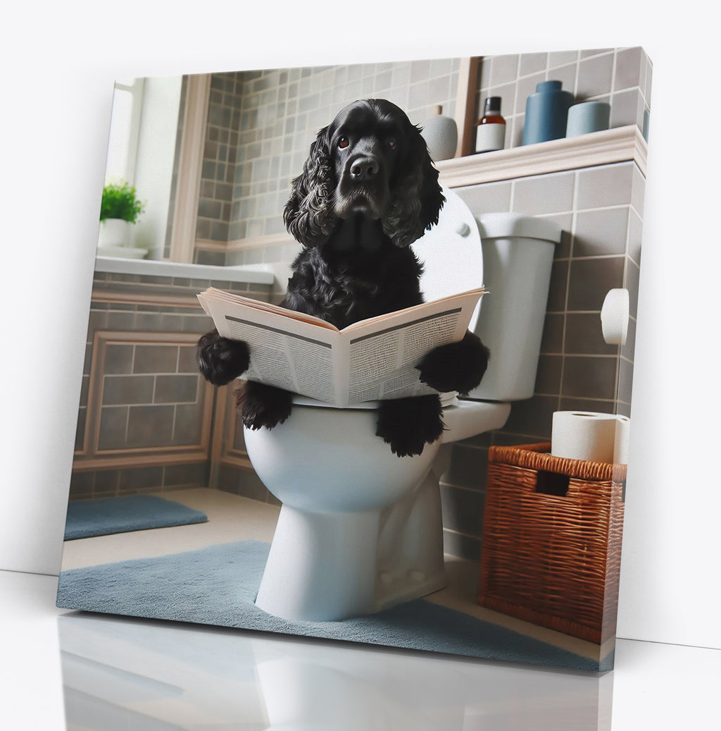 Black Cocker Spaniel Sat On Toilet Reading Paper Wall Art Print