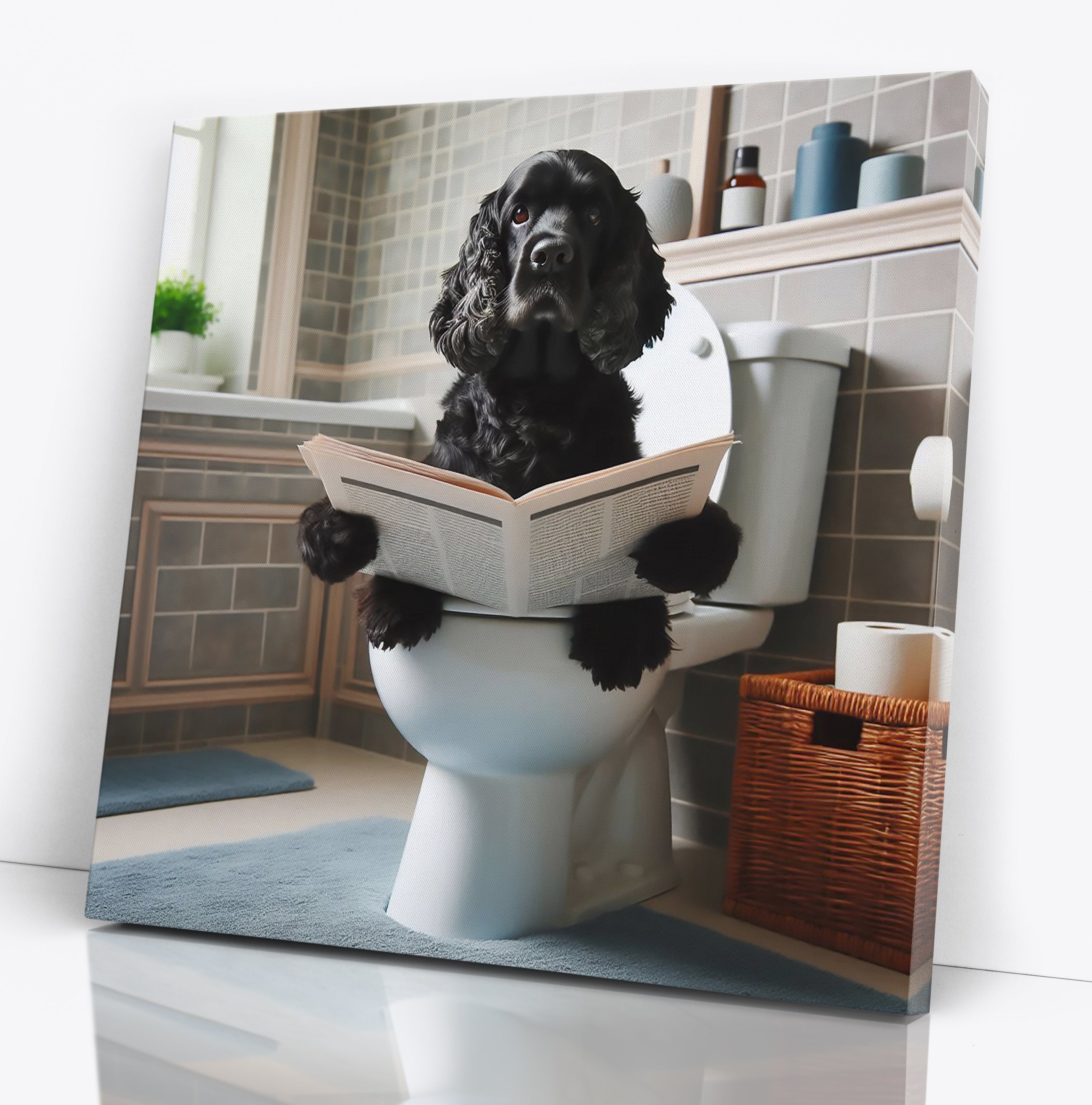 Black Cocker Spaniel Sat On Toilet Reading Paper Wall Art Print