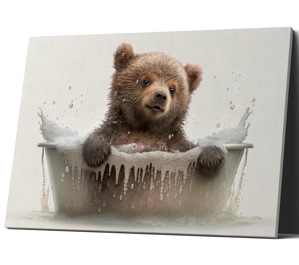 Cute Bear Cub In A Bubble Bath Canvas Print Wall Art