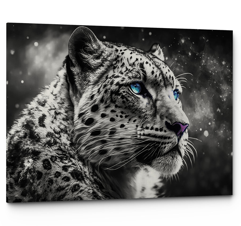 Black and White Big Cat Snow Leopard Face Wall Art Canvas Print