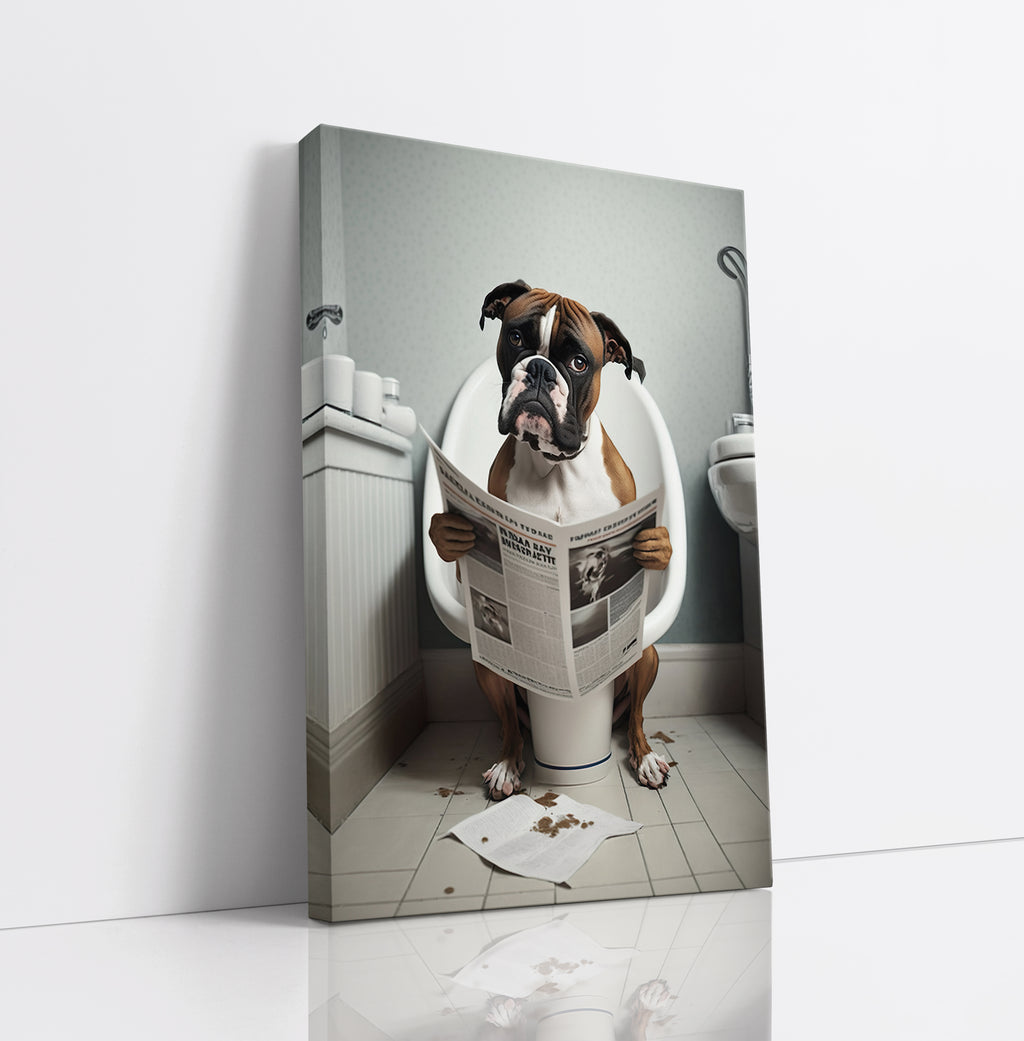 Boxer Dog Reading Paper On Toilet Funny Canvas Print Wall Art Décor Picture