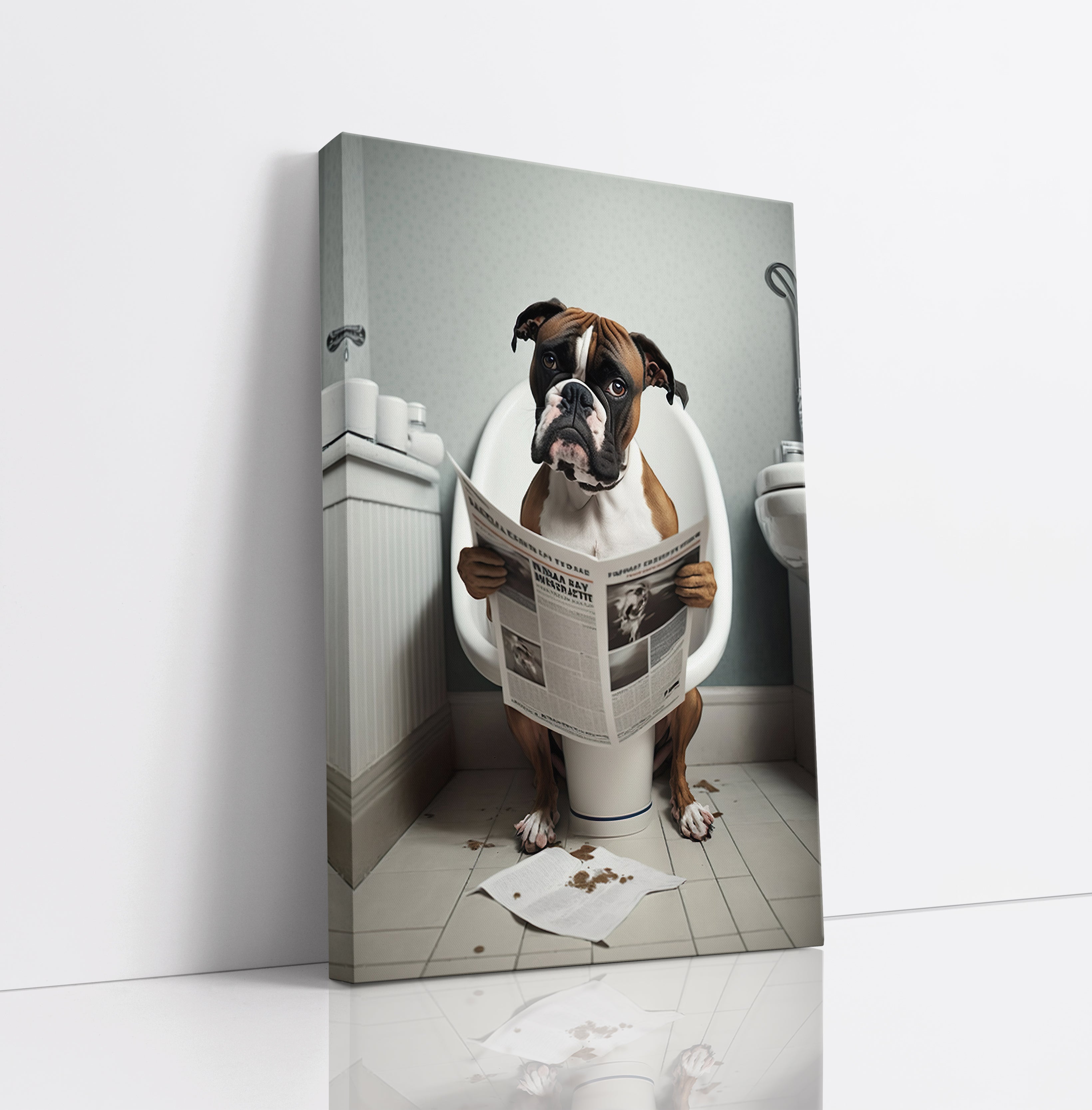 Boxer Dog Reading Paper On Toilet Funny Canvas Print Wall Art Décor Picture