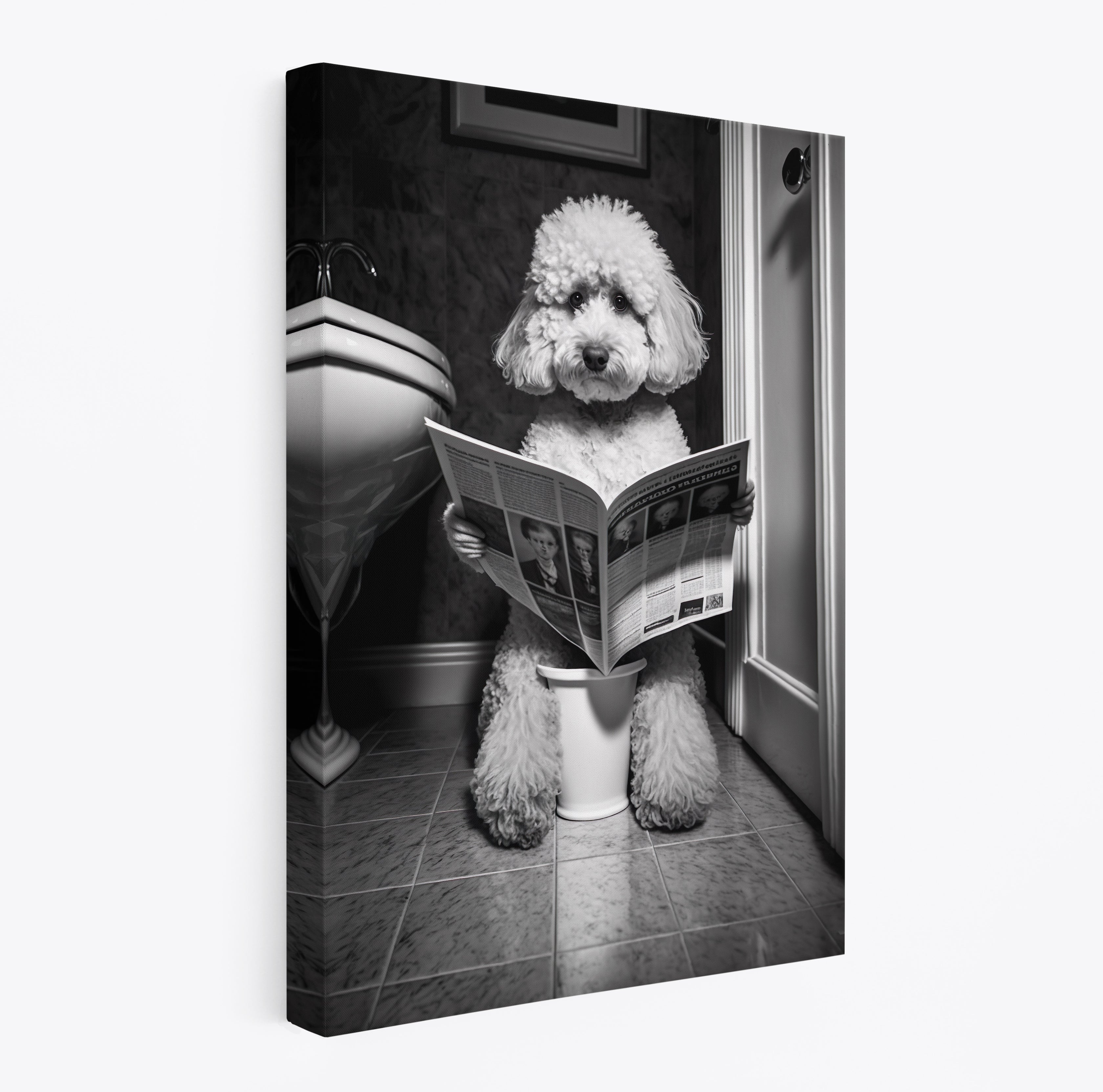 Poodle Dog Reading Newspaper On Toilet Bathroom Wall Art