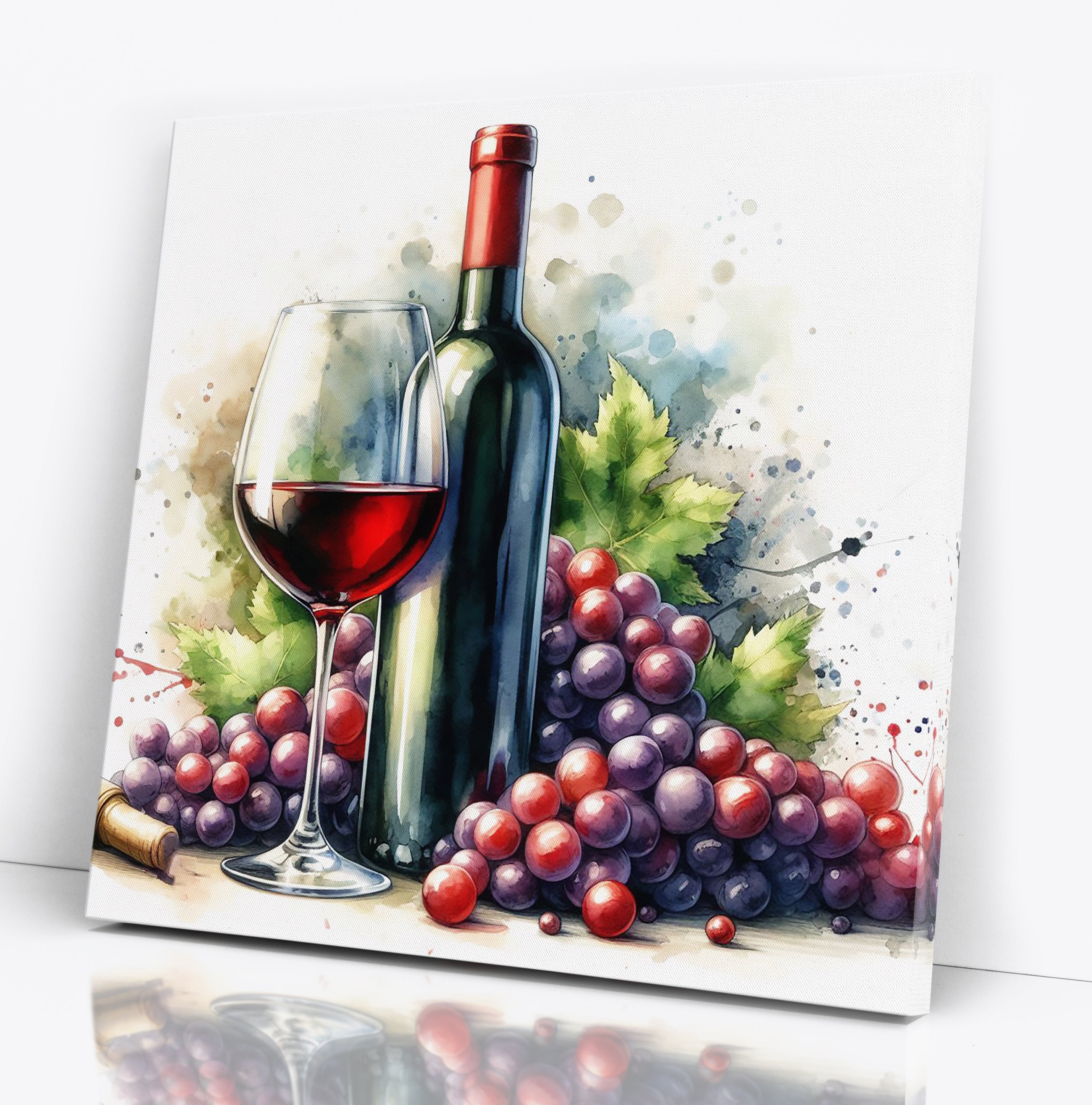 Red Wine Watercolour Style Square Canvas Print Wall Art