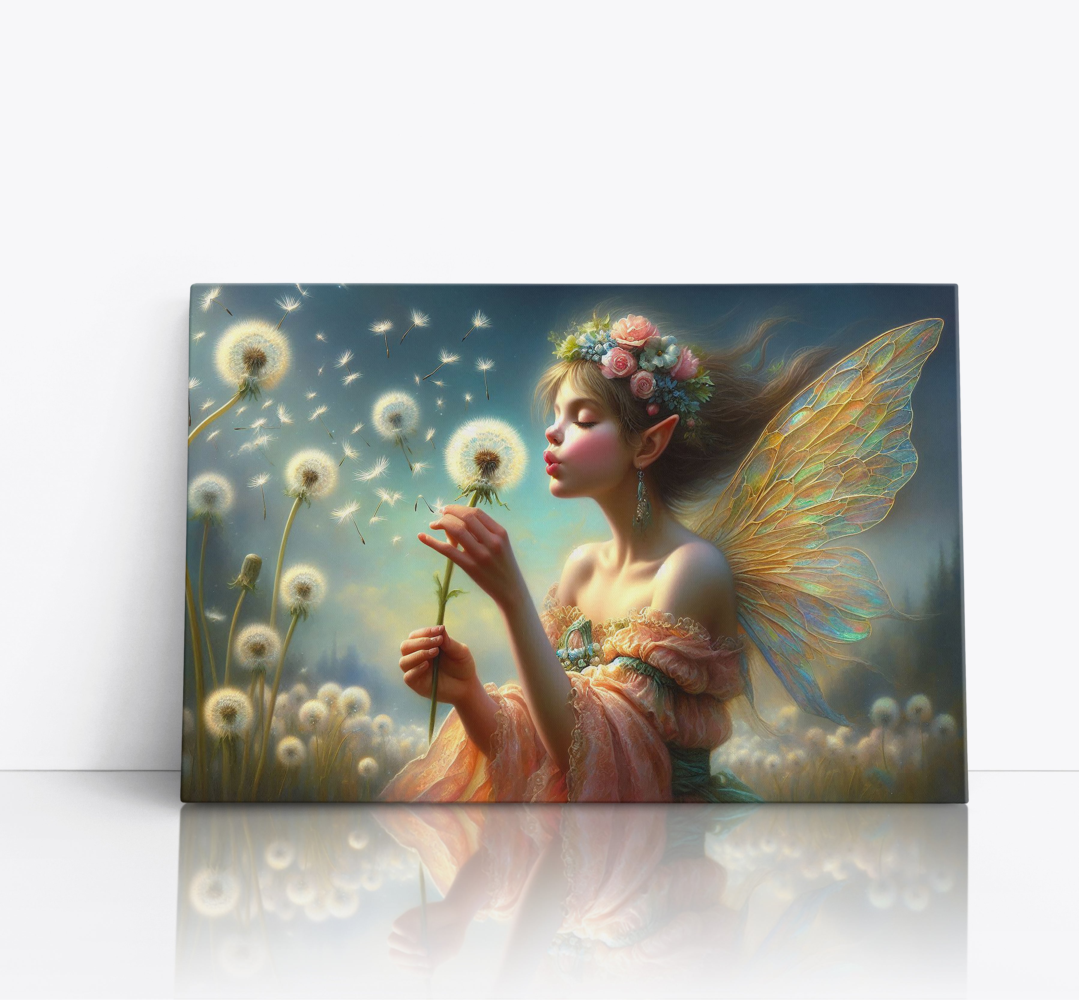 Fantasy Fairy Blowing a Dandelion Wall Art Canvas Print