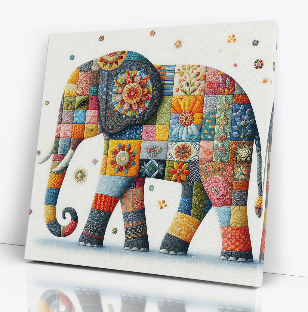 Colourful Patchwork Elephant Square Canvas Print Wall Art or Poster Print
