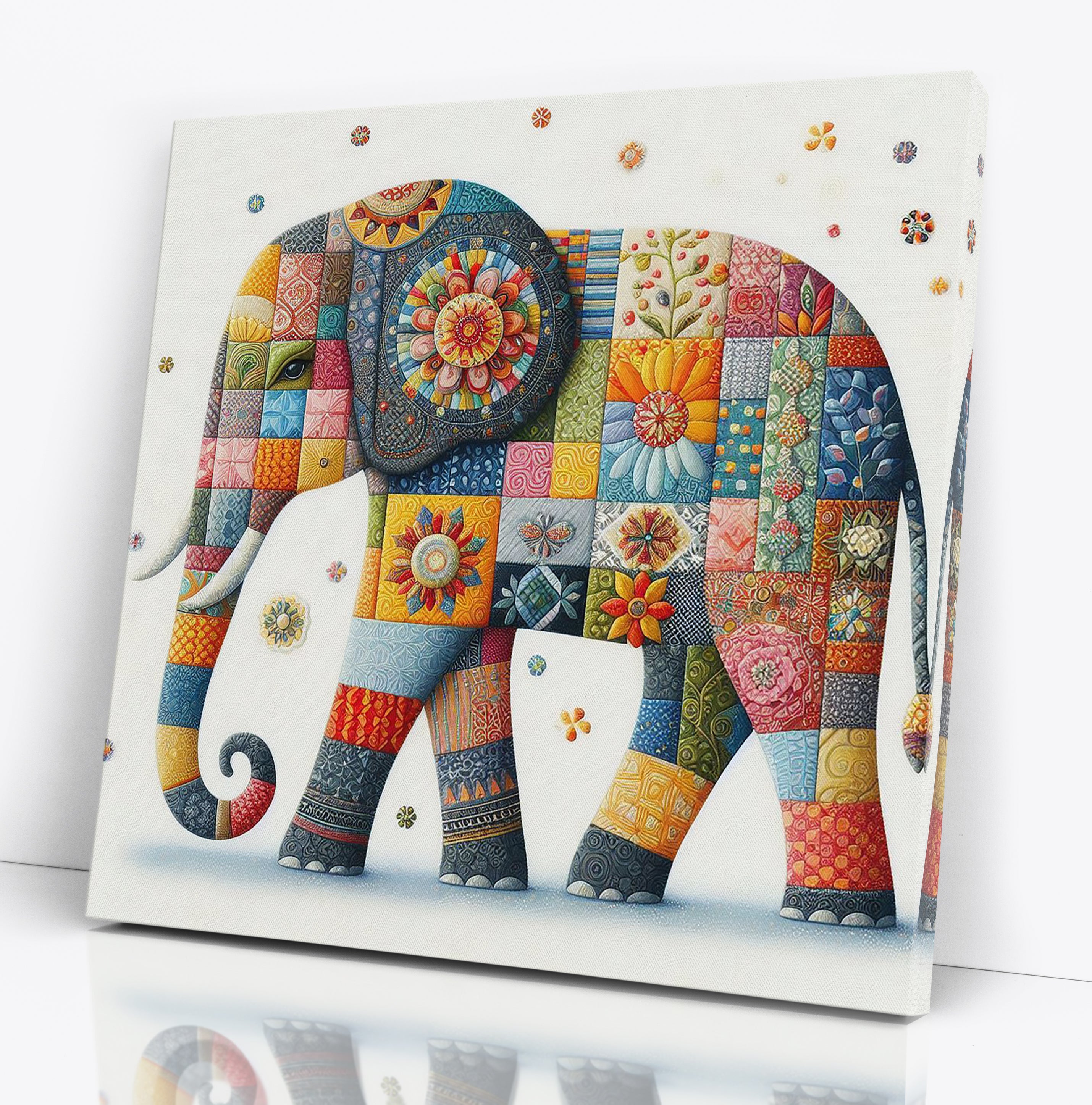 Colourful Patchwork Elephant Square Canvas Print Wall Art or Poster Print