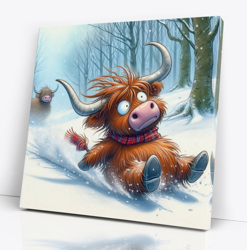Highland Cow Playing In The Snow Canvas Wall Art Print