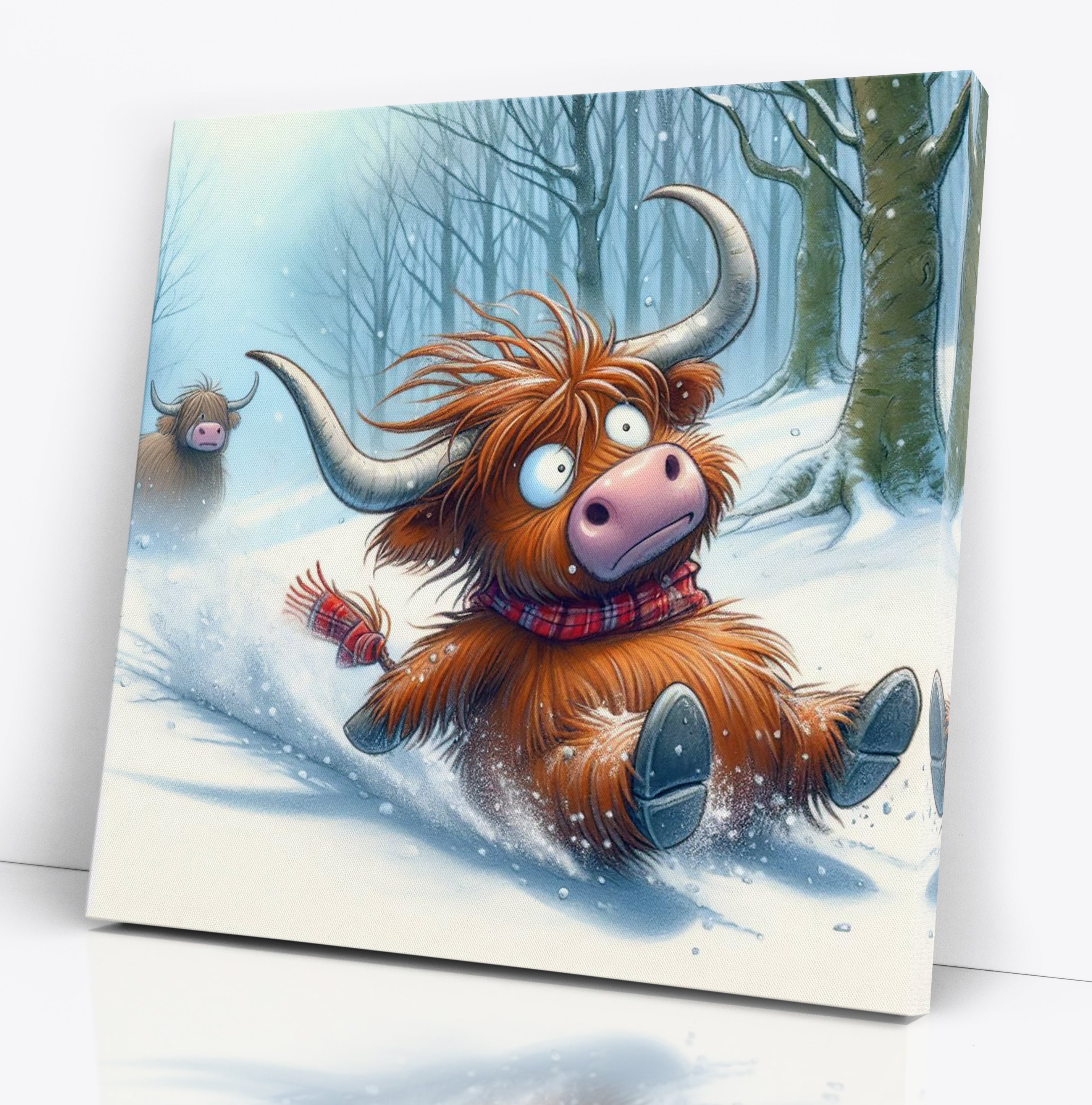 Highland Cow Playing In The Snow Canvas Wall Art Print