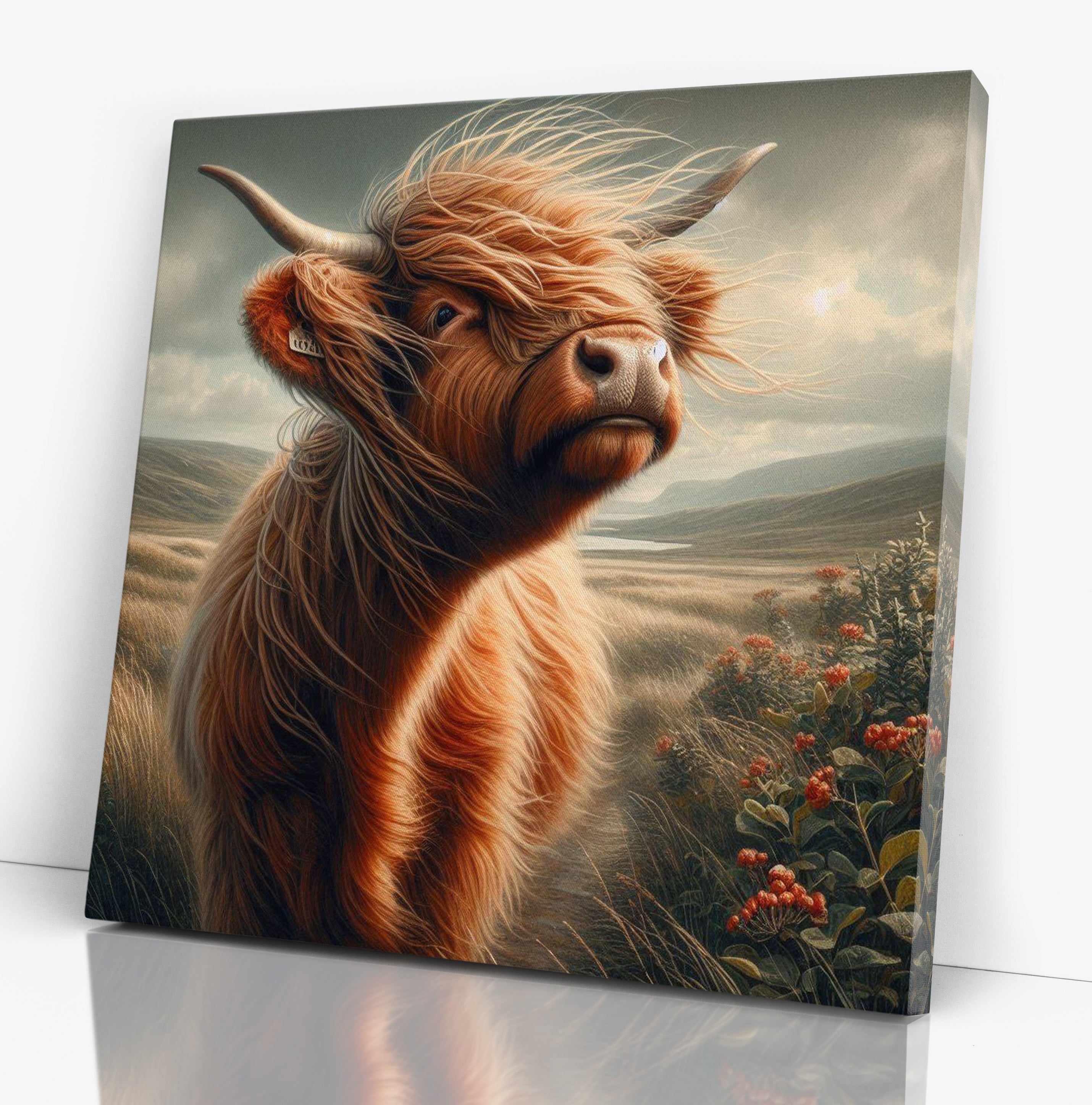 Scottish Highland Cow Scenic Square Canvas Print Wall Art