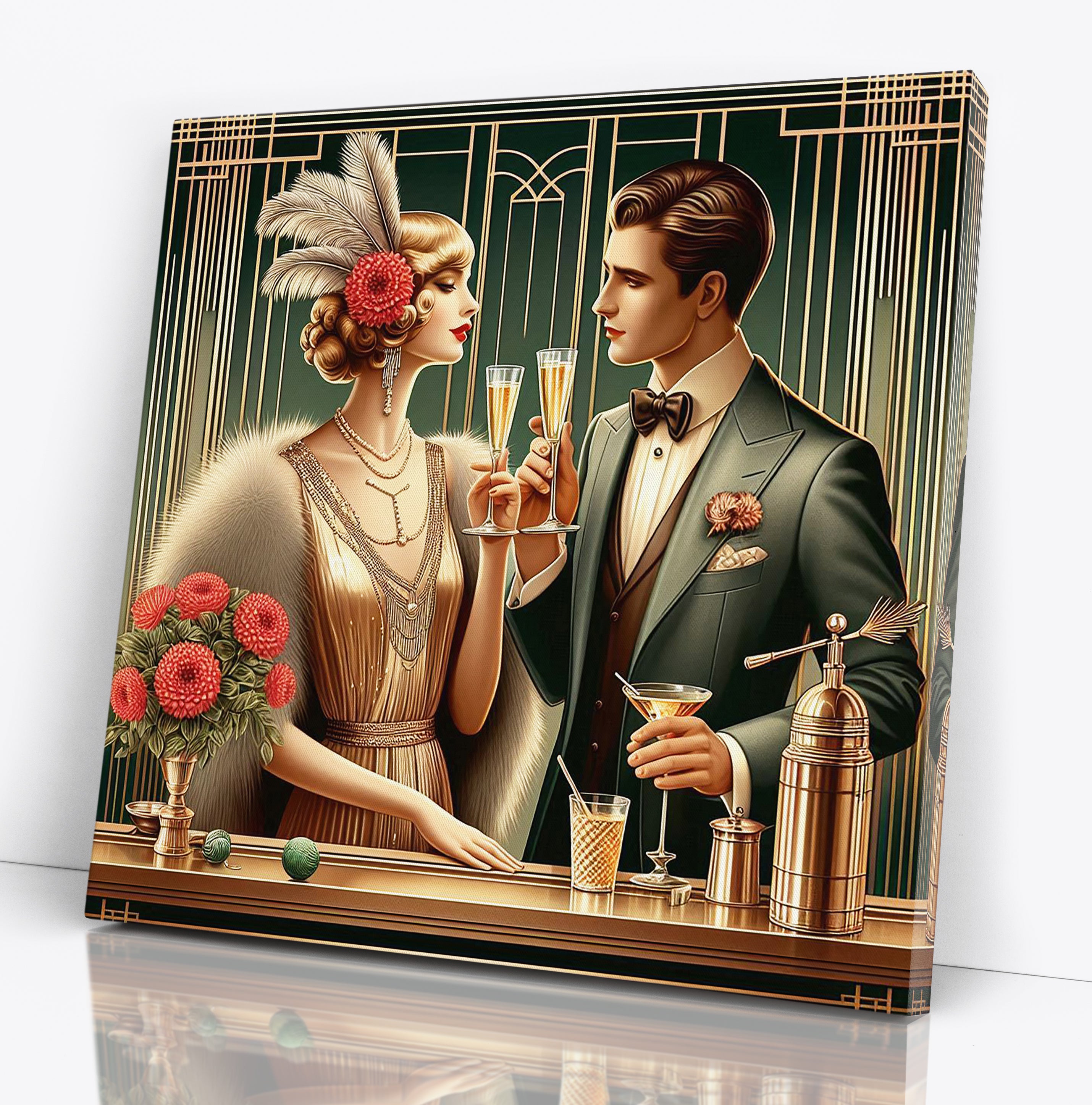Art Deco Couple Drinking Square Canvas Print Wall Art