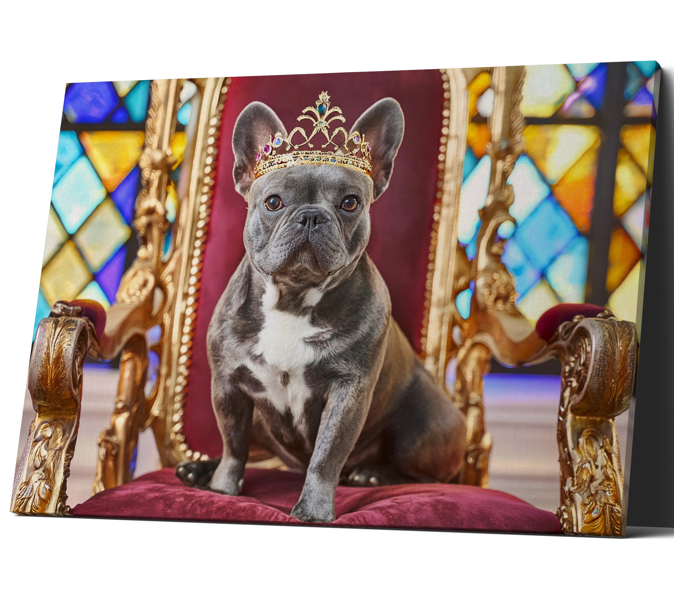 French Bulldog Sat on Throne Wearing a Crown Canvas Wall Art Print