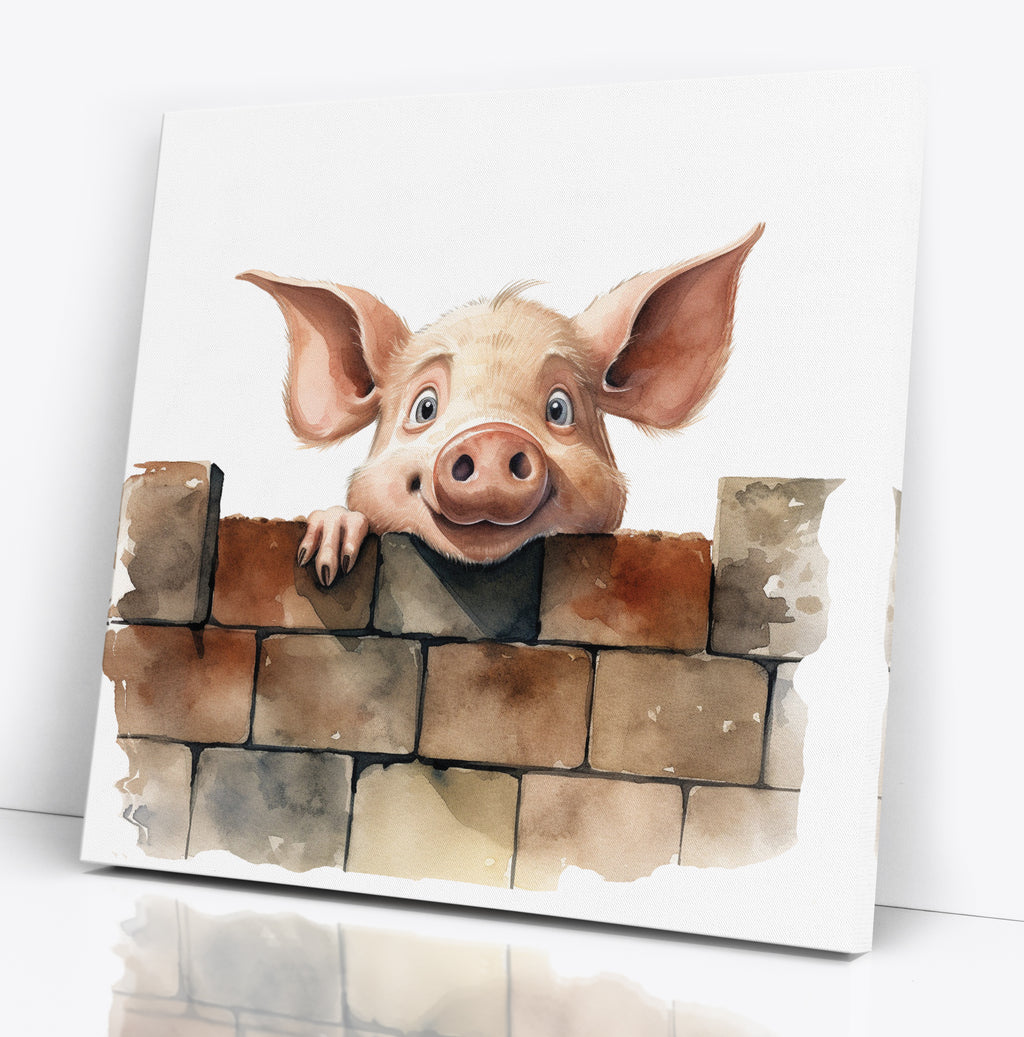 Funny Pig peering Over The Wall Canvas Print Wall Art