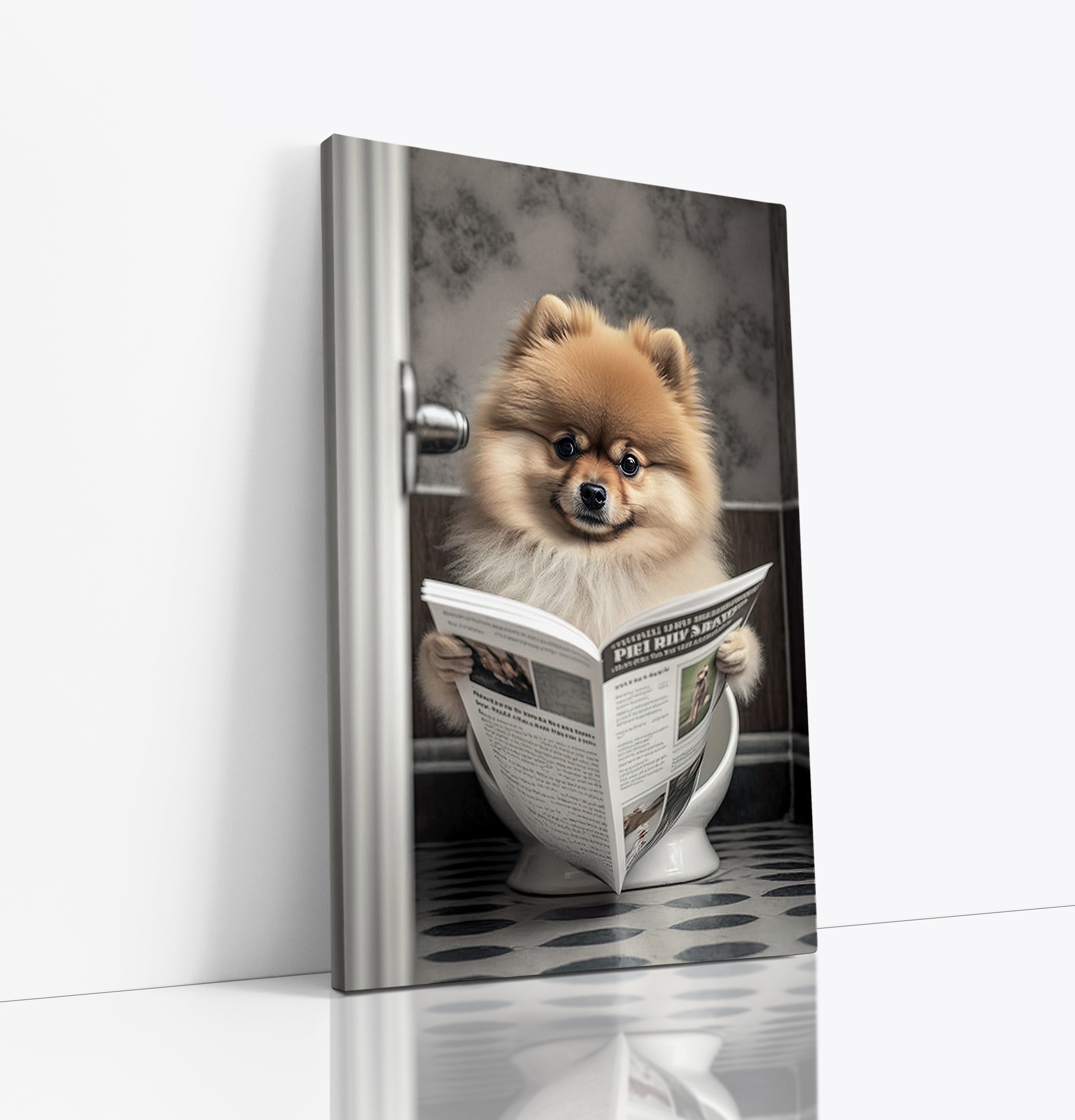 Pomeranian Reading Paper On Toilet Funny Canvas Print Wall Art