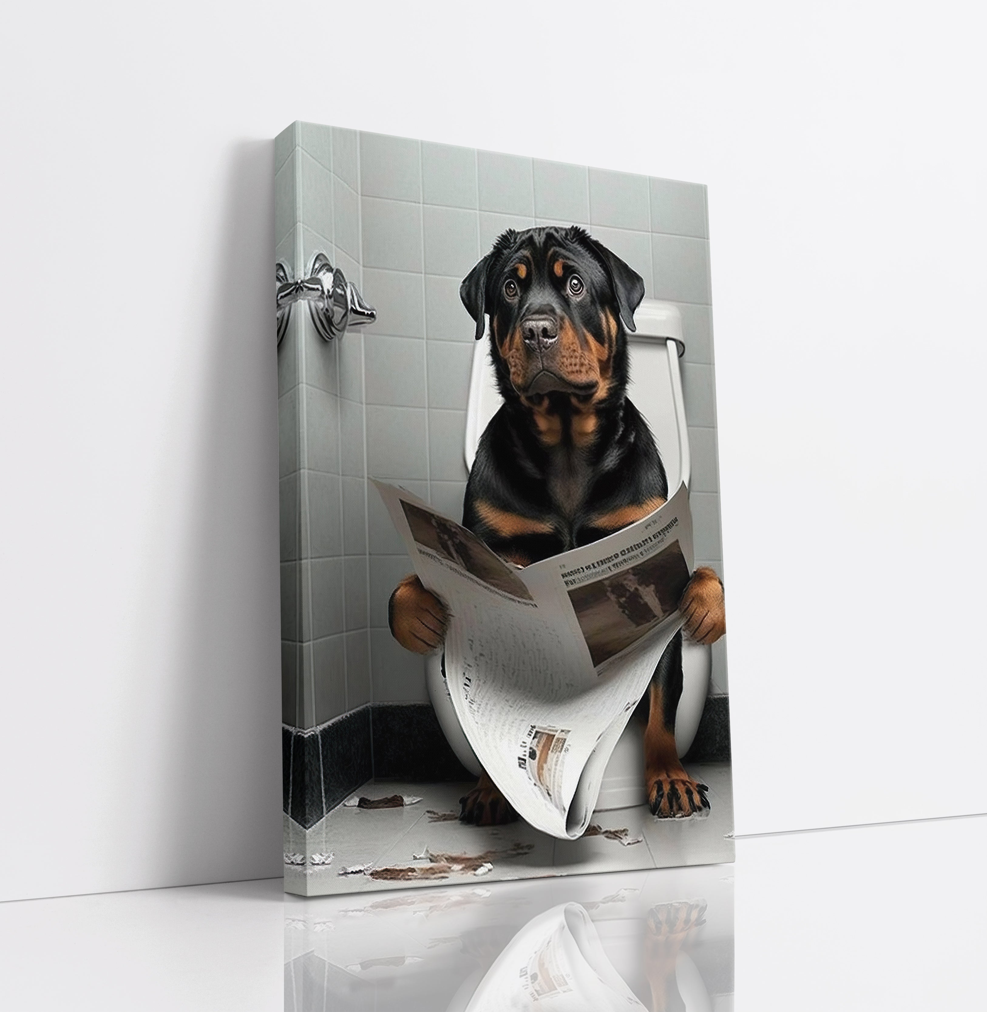 Rottweiler Dog Reading Paper On Toilet Funny Canvas Print Wall Art Décor