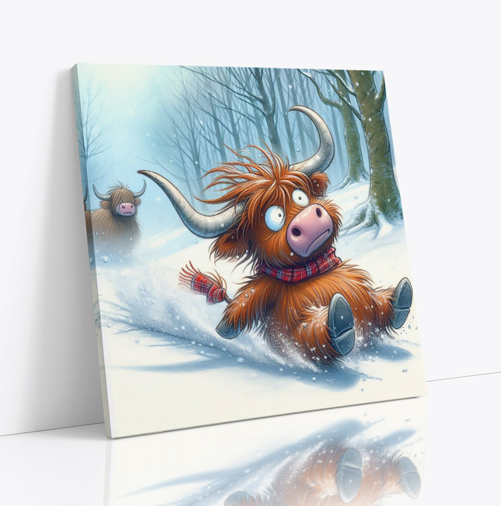 Highland Cow Playing In The Snow Canvas Wall Art Print