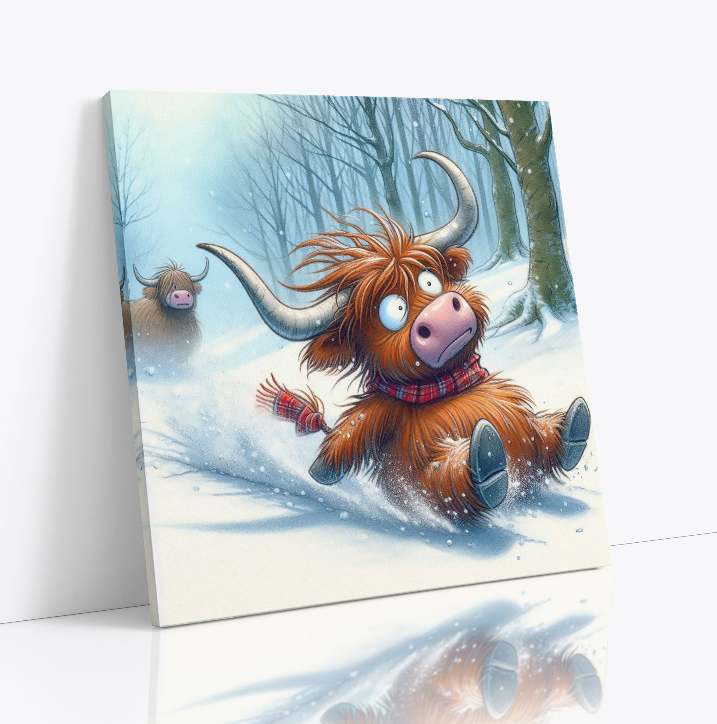 Highland Cow Playing In The Snow Canvas Wall Art Print