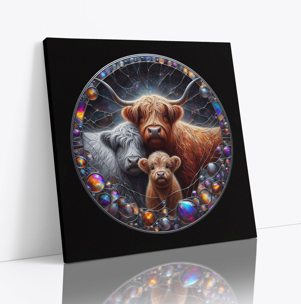 Highland Cow Family Mosaic Square Canvas Print Wall Art or Poster Print