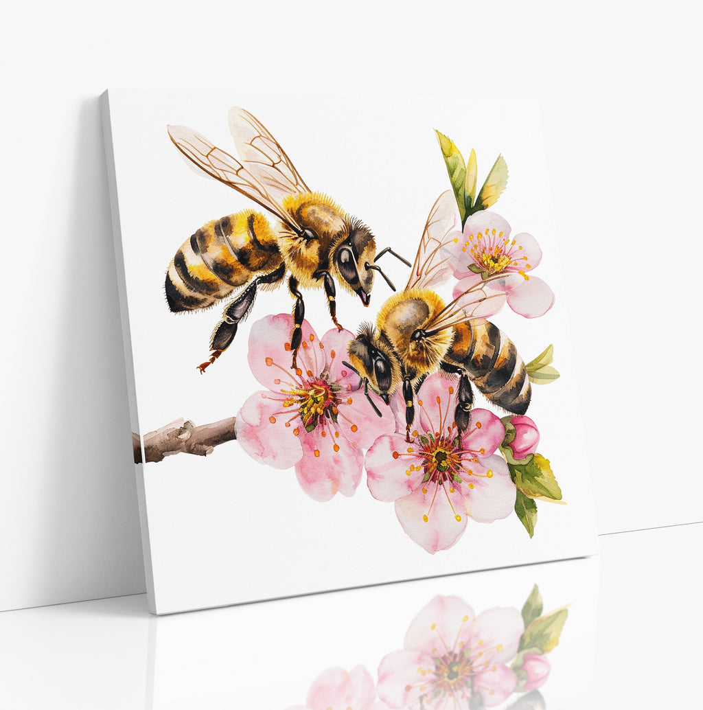 Honey Bees On Cherry Blossom Nature Canvas Wall Art Print
