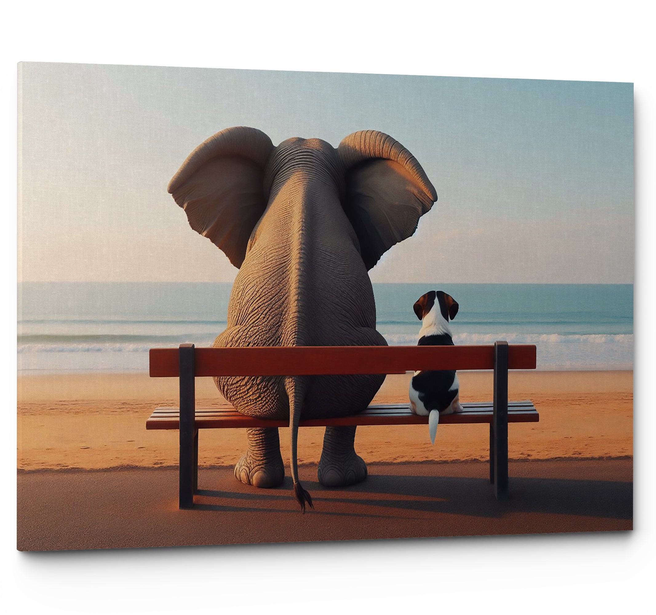 Elephant and Dog Sat At The Beach Canvas Print Wall Art