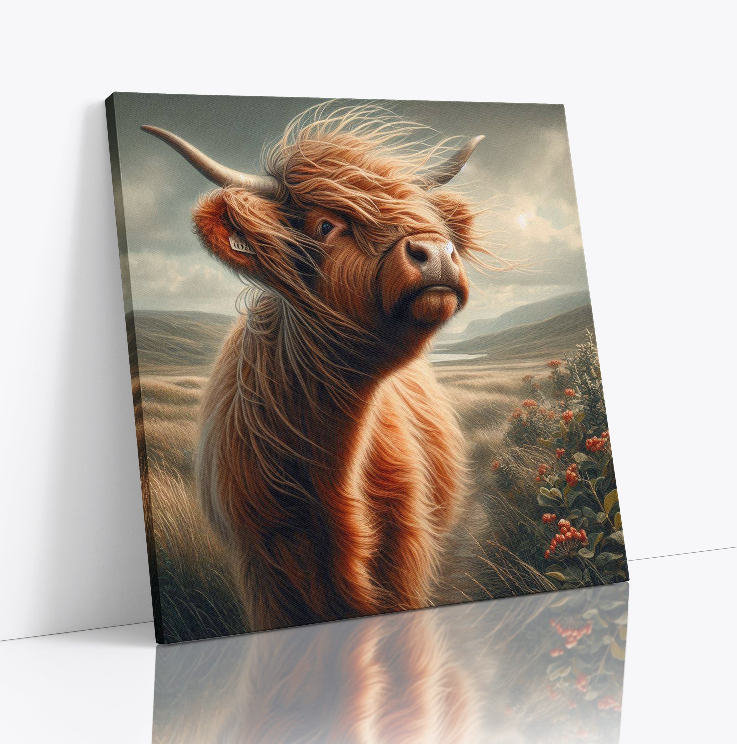 Scottish Highland Cow Scenic Square Canvas Print Wall Art