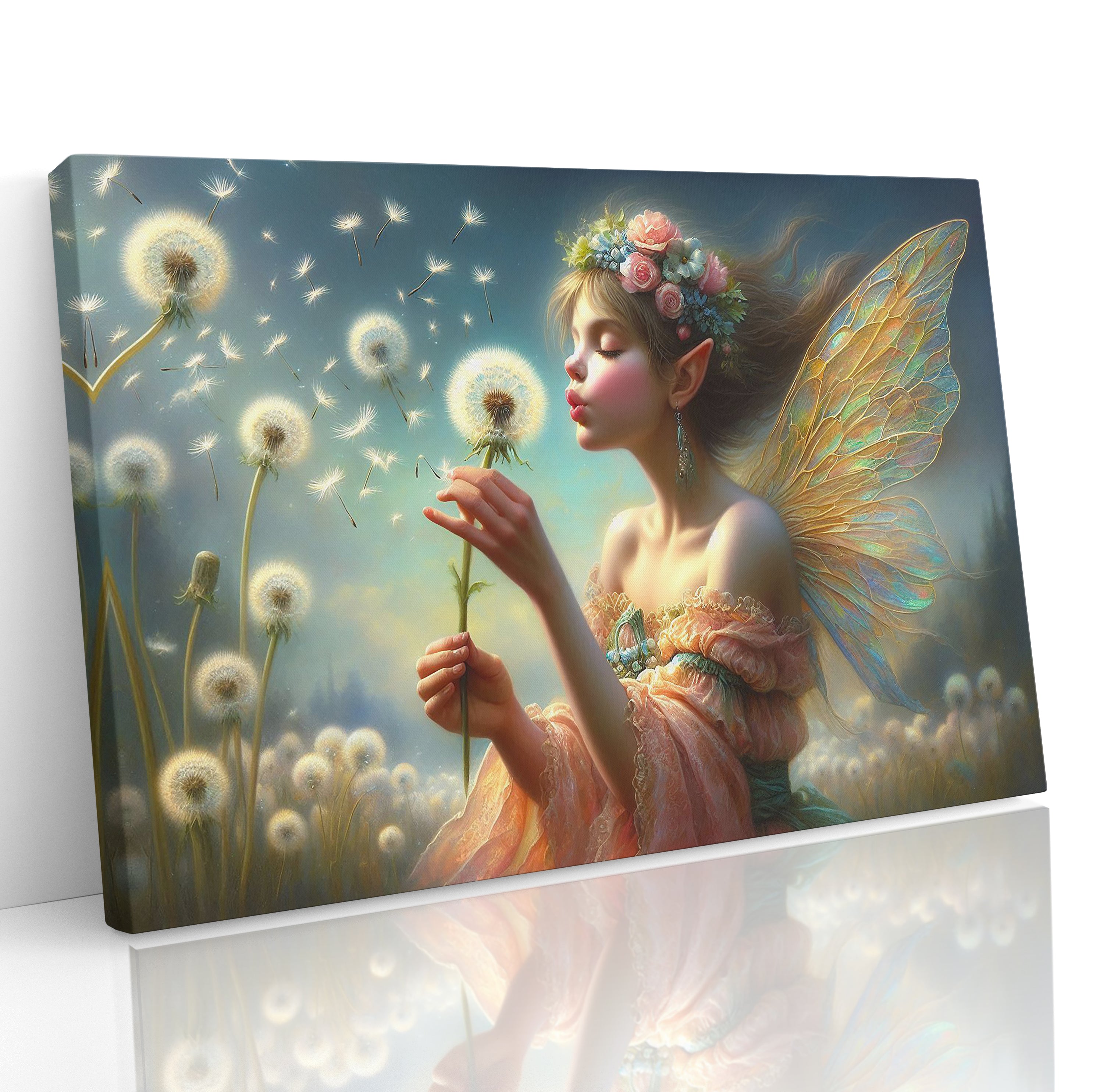 Fantasy Fairy Blowing a Dandelion Wall Art Canvas Print
